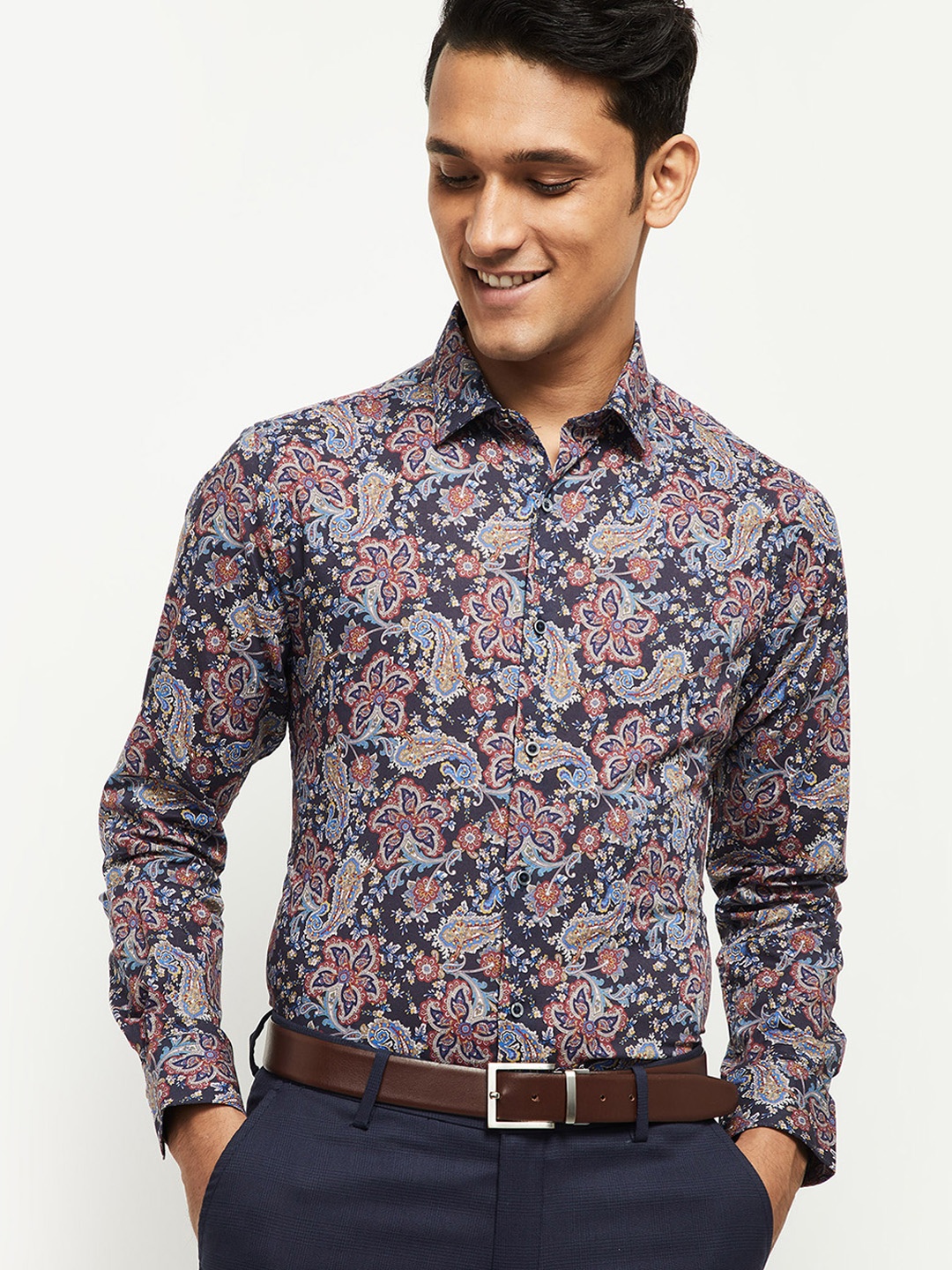 

max Men Navy Blue Floral Opaque Printed Casual Shirt