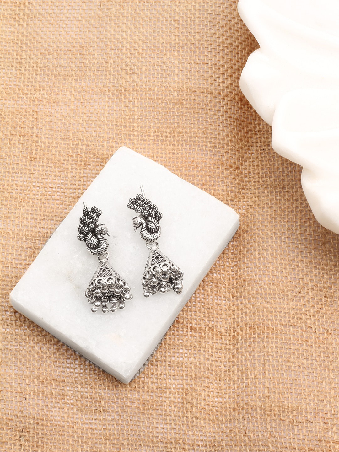 

SANGEETA BOOCHRA Silver-Toned Peacock Shaped Drop Earrings
