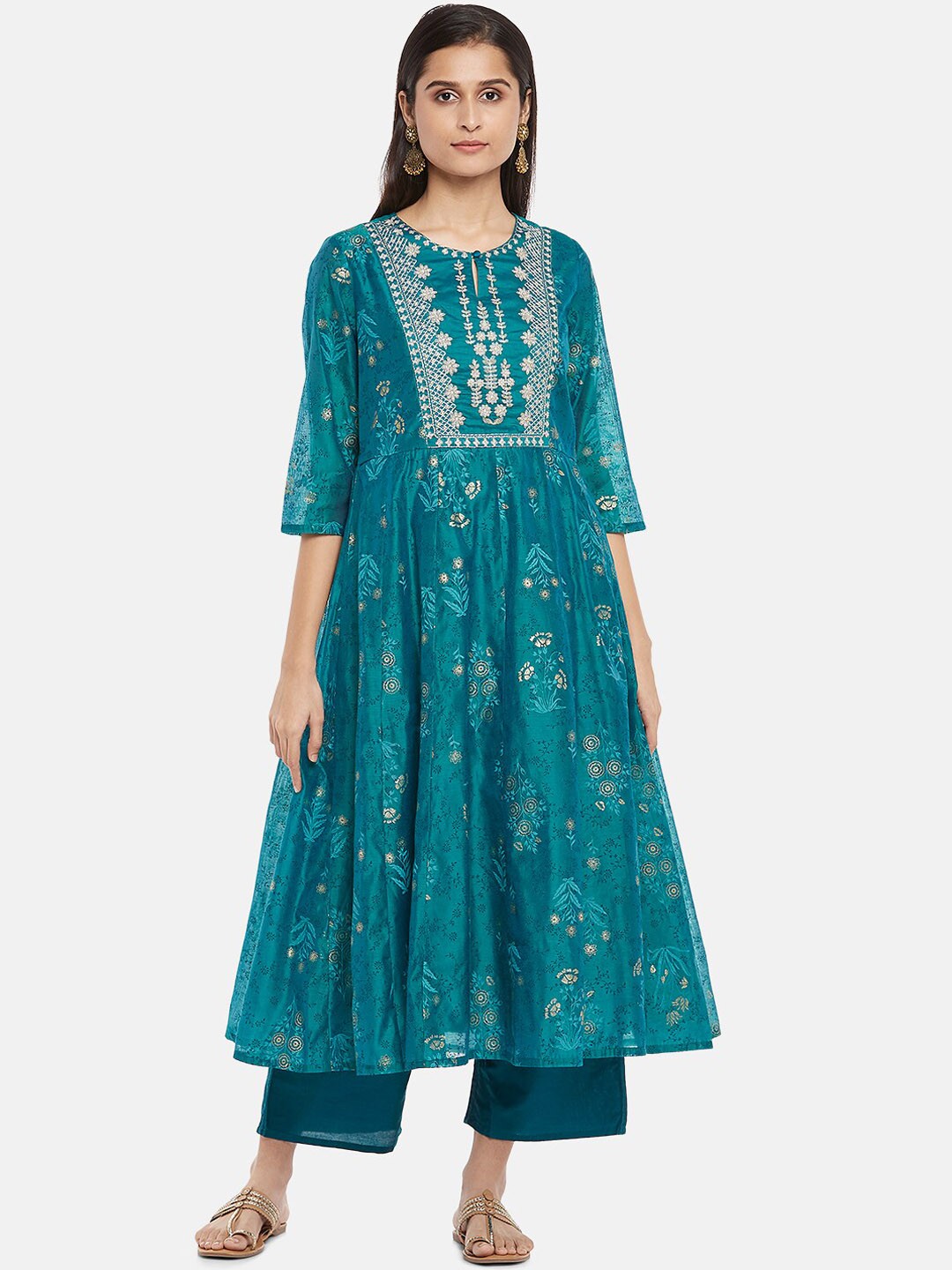 

RANGMANCH BY PANTALOONS Women Teal Green Embroidered Empire Kurta with Trousers