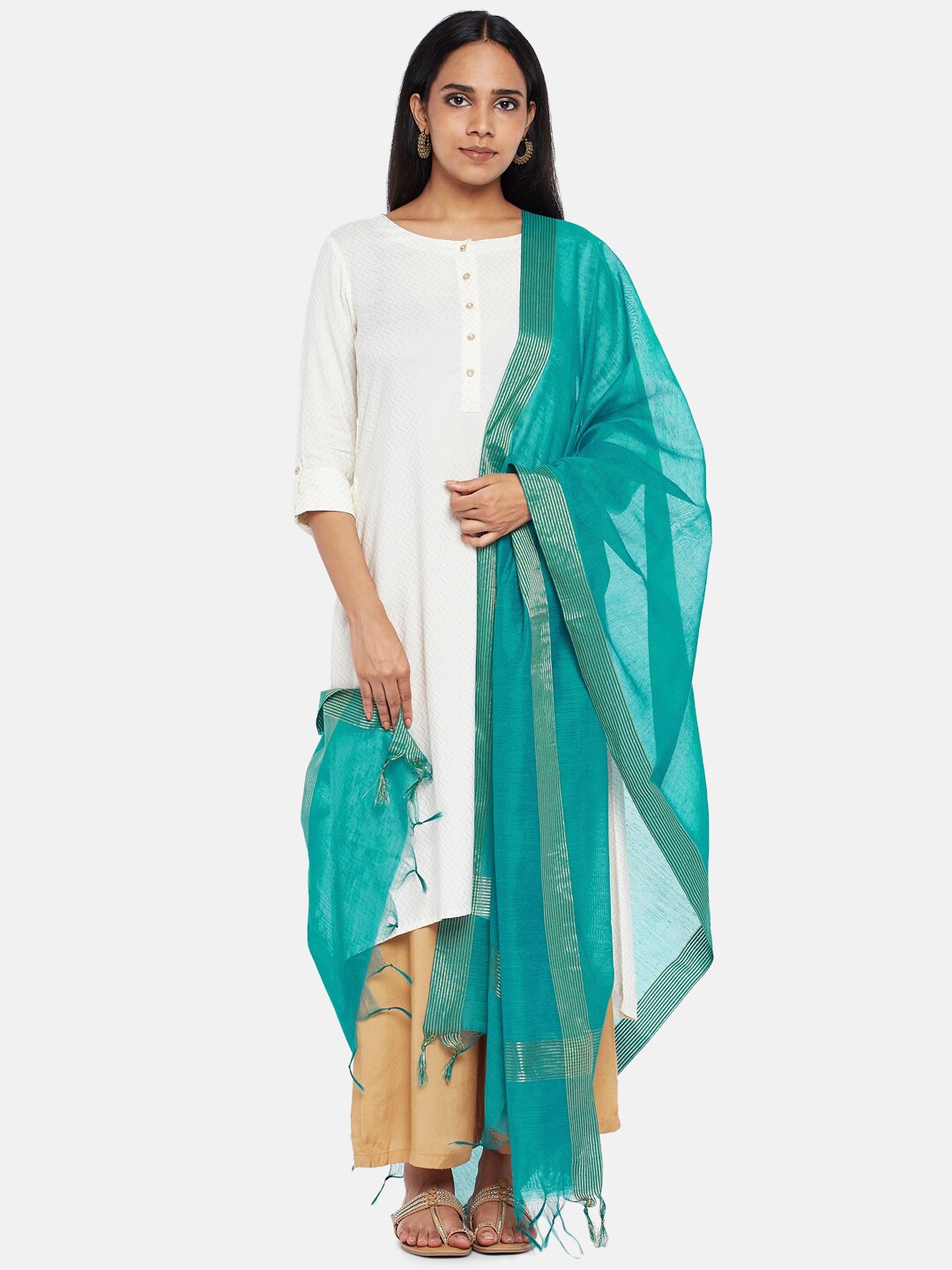 

RANGMANCH BY PANTALOONS Turquoise Blue & Gold-Toned Ethnic Motifs Woven Design Dupatta with Zari