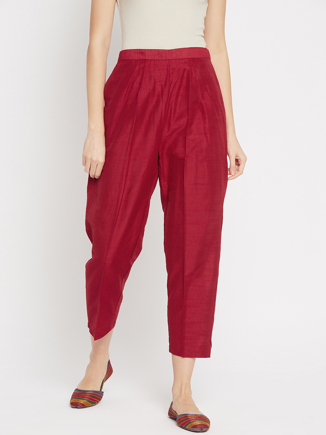 

Clora Creation Women Maroon Easy Wash Pleated Cigarette Trousers