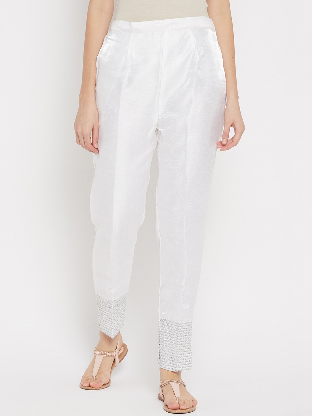 

Clora Creation Women White Easy Wash Pleated Cigerette Trousers