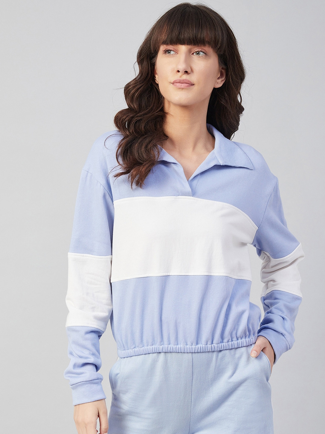 

Athena Women Blue & White Colourblocked Sweatshirt