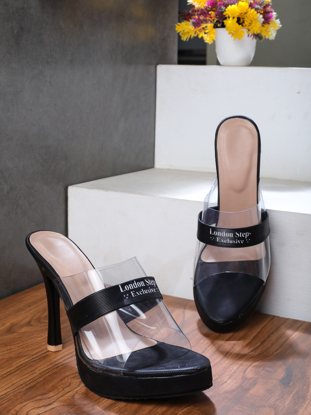 

LONDON STEPS Black Printed Stiletto Sandals