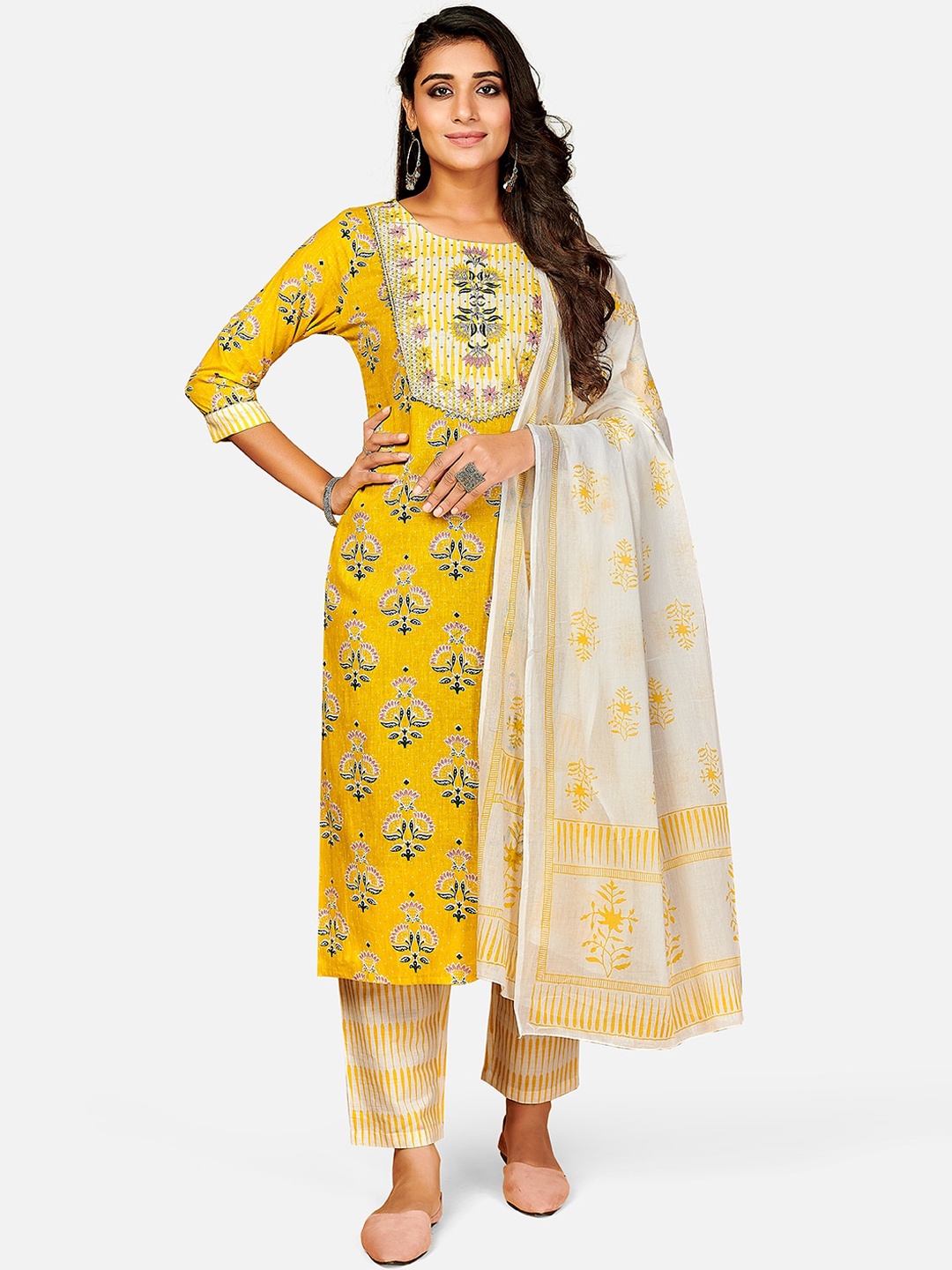

Vbuyz Women Yellow & Green Floral Printed Pure Cotton Kurta With Trousers & Dupatta