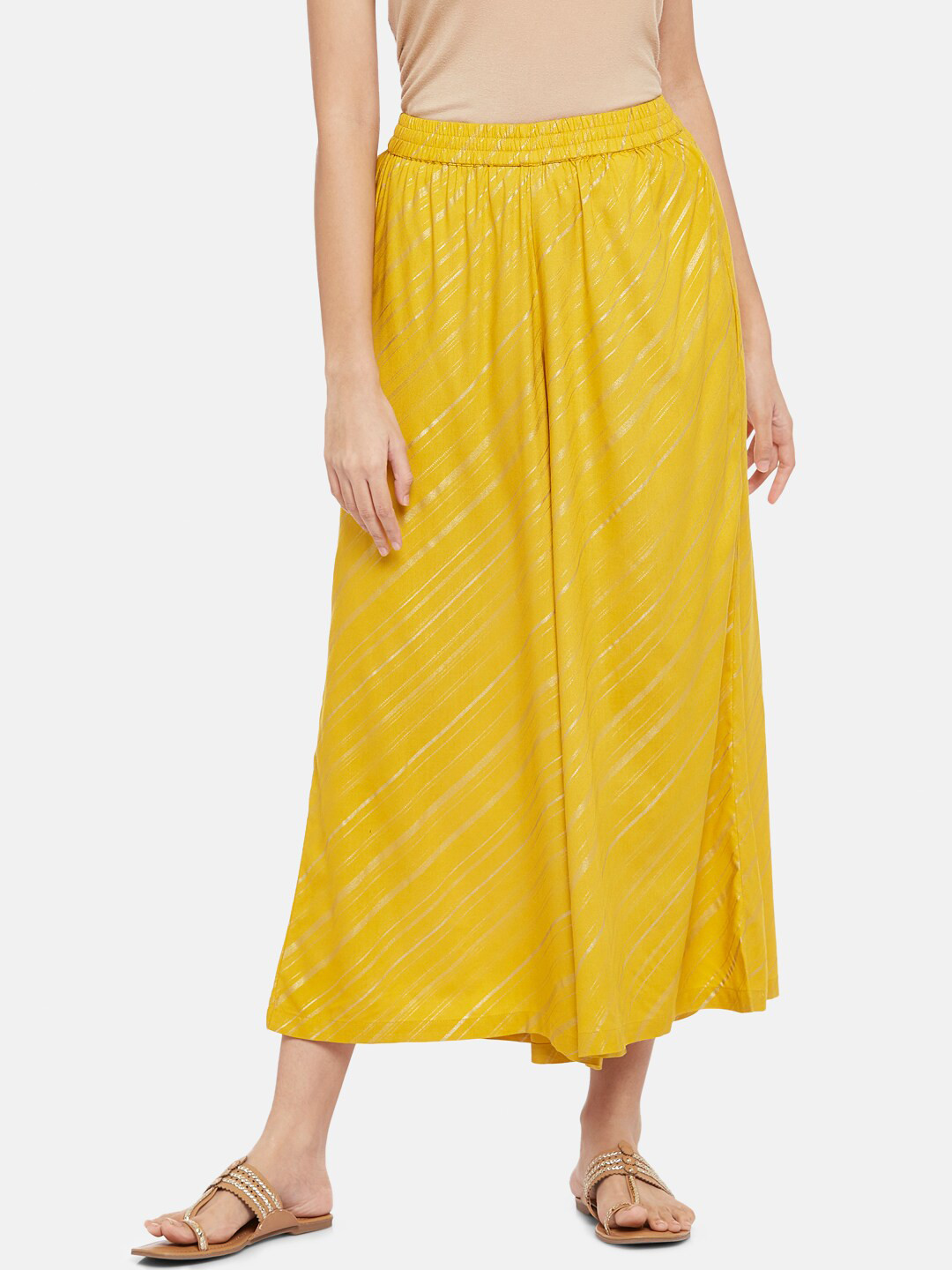 

RANGMANCH BY PANTALOONS Women Mustard Yellow & Gold-Toned Striped Flared Ethnic Palazzos