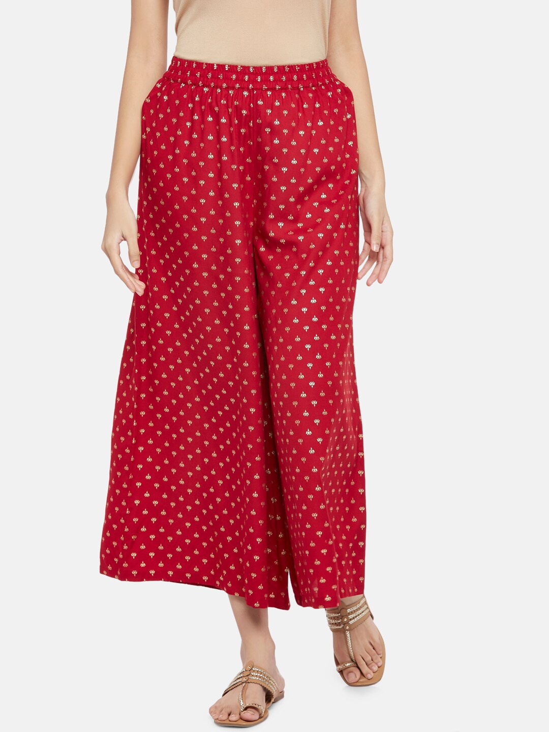 

RANGMANCH BY PANTALOONS Women Red & White Ethnic Motifs Printed Ethnic Palazzos