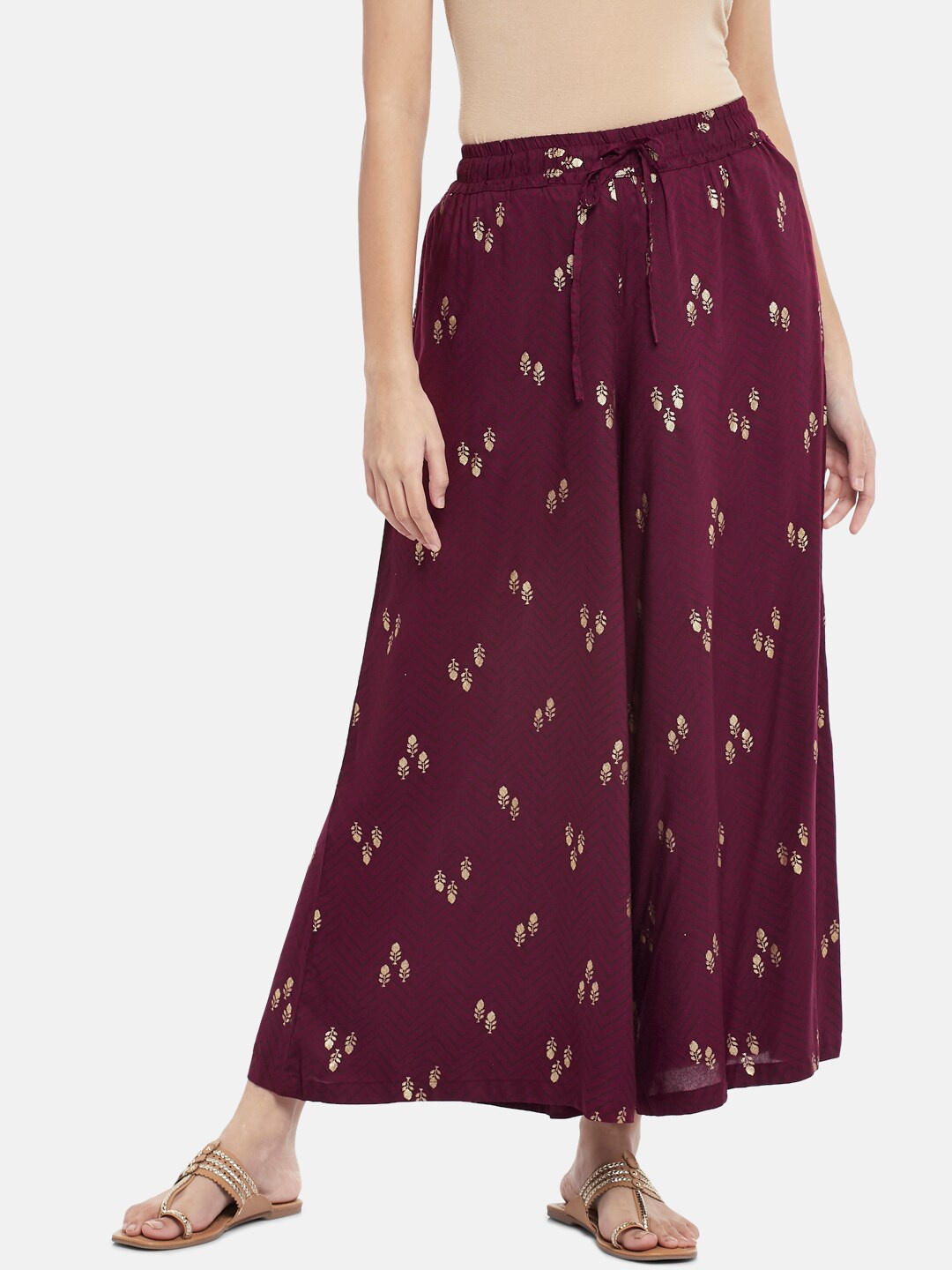 

RANGMANCH BY PANTALOONS Women Maroon & Gold-Toned Floral Printed Ethnic Palazzos
