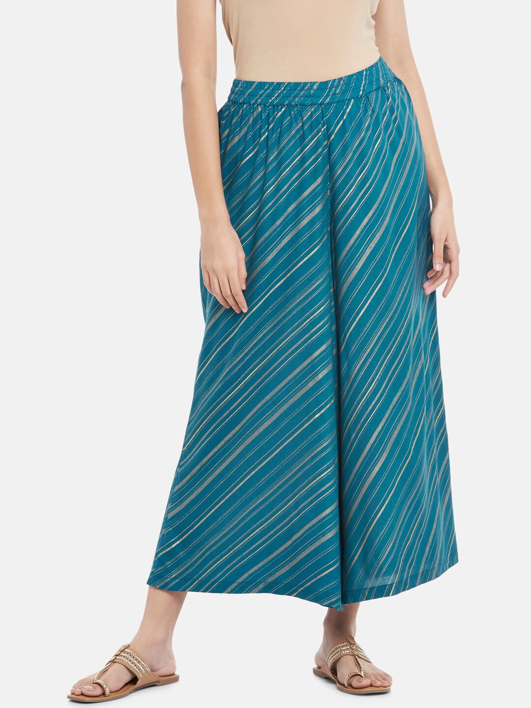 

RANGMANCH BY PANTALOONS Women Teal Blue & Gold-Toned Striped Ethnic Palazzos