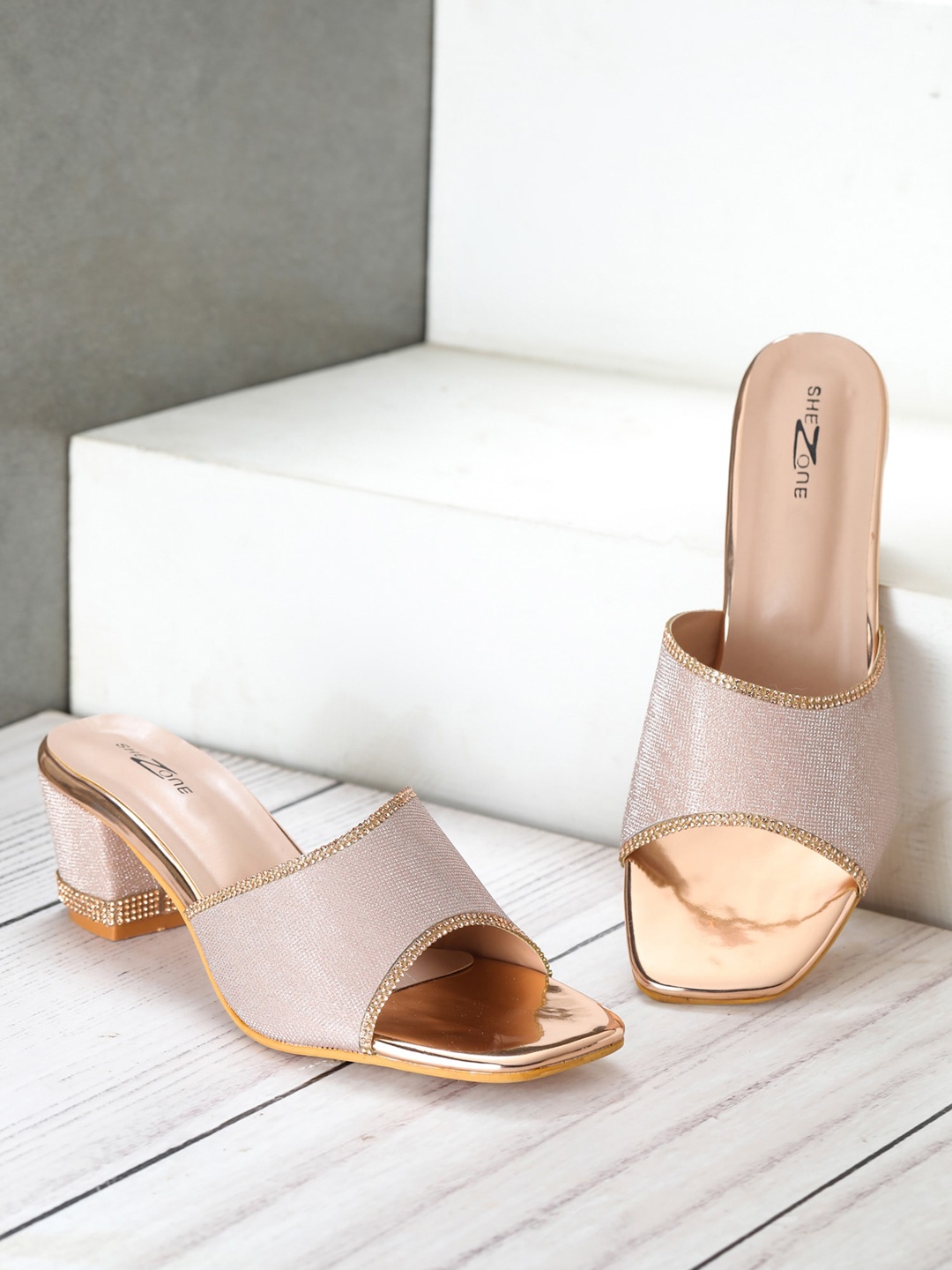 

Shezone Rose Gold Embellished Block Mules