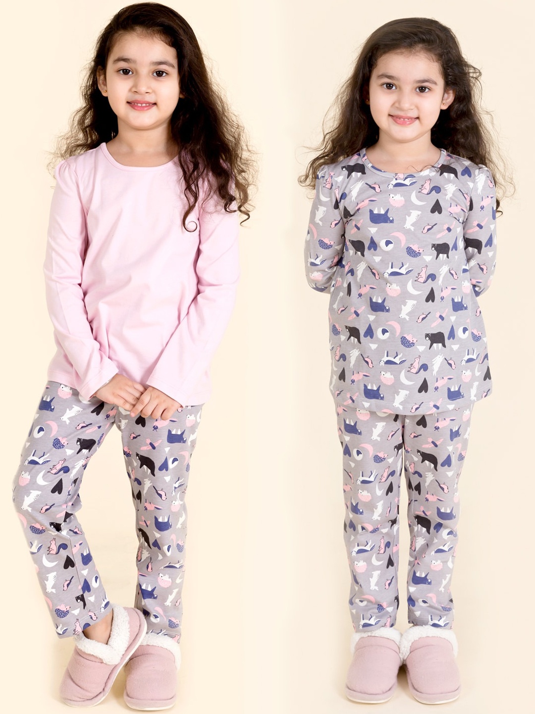 

pspeaches Girls Pack of 2 Pure Cotton Printed Night suits, Grey