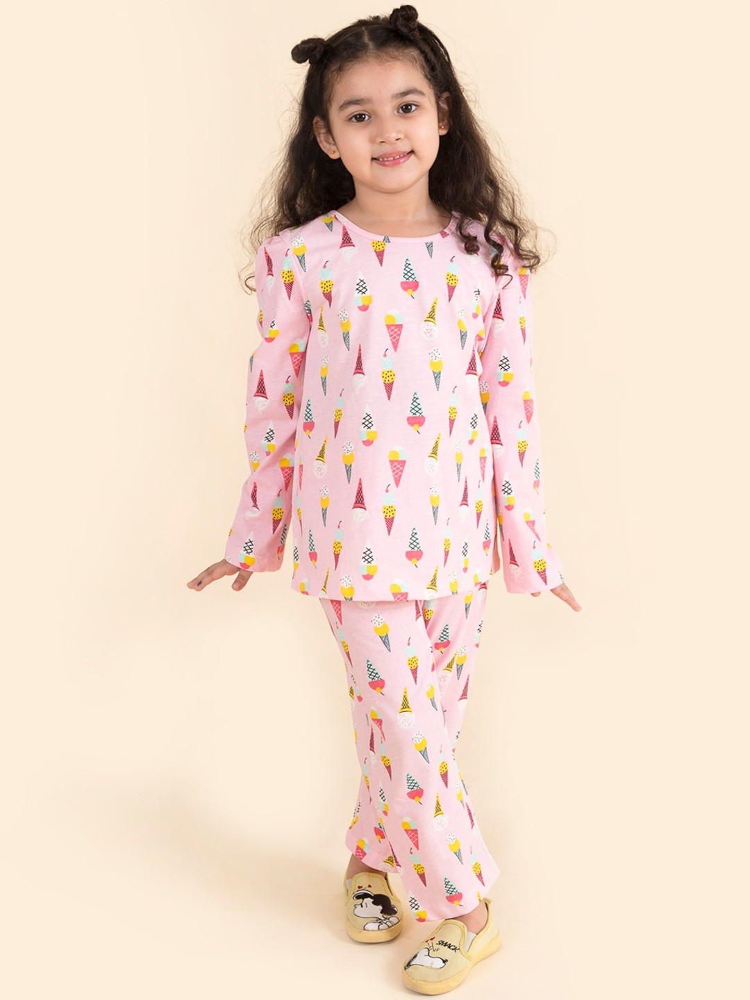 

pspeaches Girls Pink & Green Printed Pure Cotton Night suit