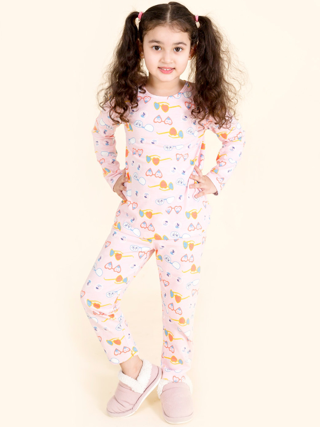 

pspeaches Girls Pink & Blue Printed Pure Cotton Night suit