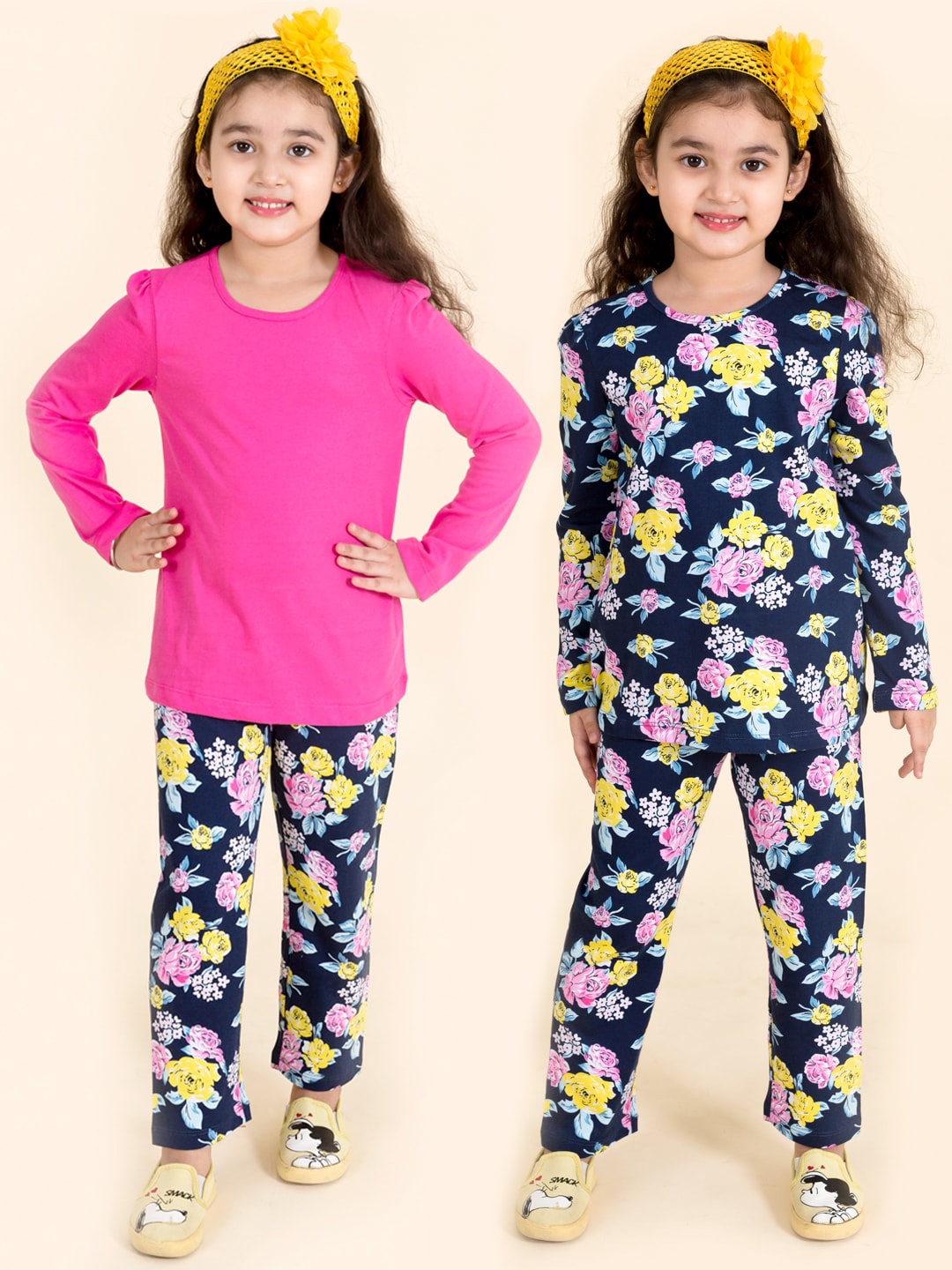 

pspeaches Girls Pack Of 2 Navy Blue & Pink Printed T-shirt with Pyjamas