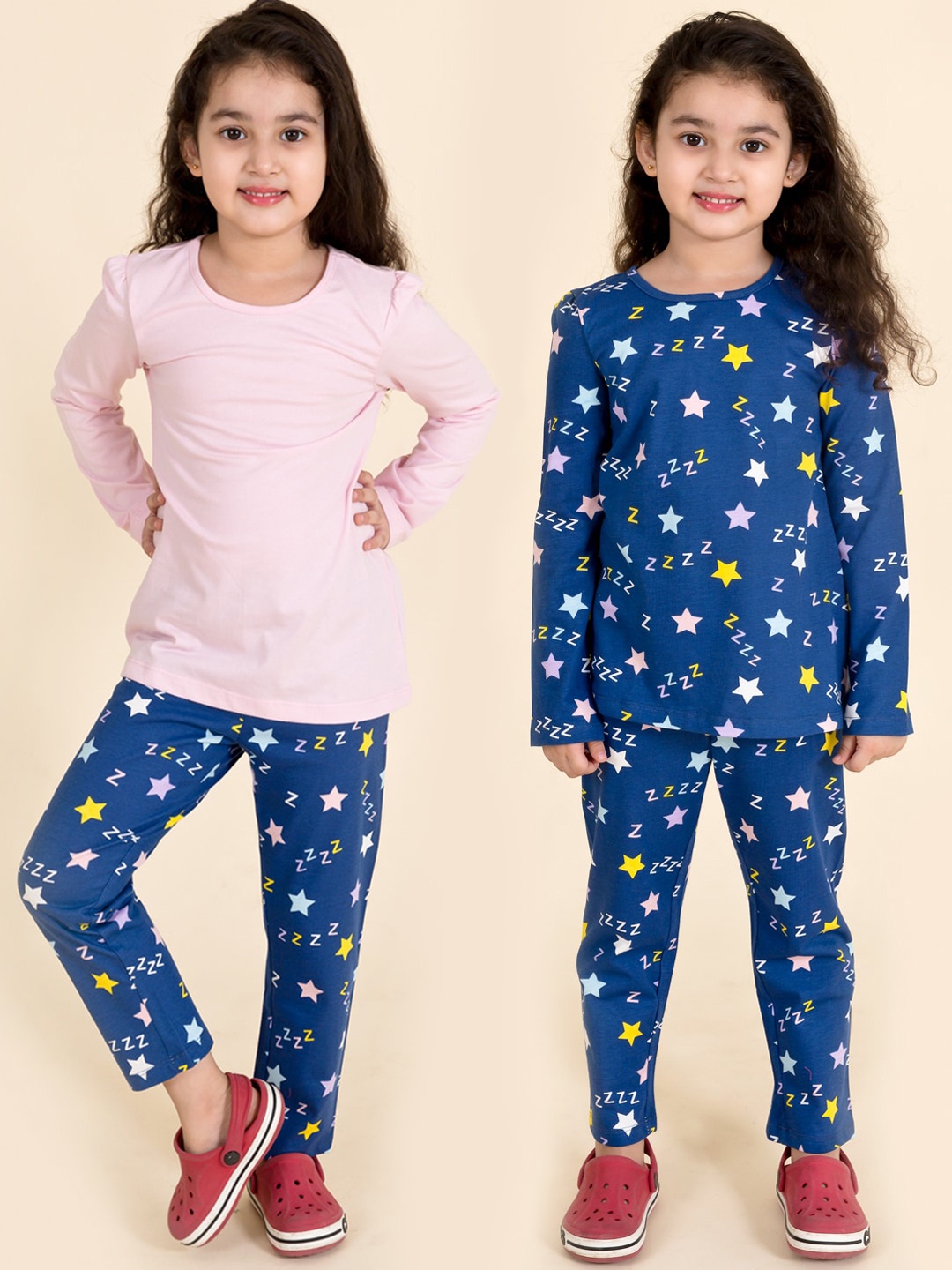 

pspeaches Girls Blue & Pink Printed Pure Cotton 3 Pc Night Suit