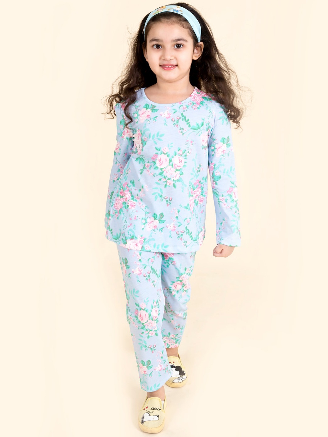 

pspeaches Girls Multicolor Floral Printed Pure Cotton Night Suit, Multi