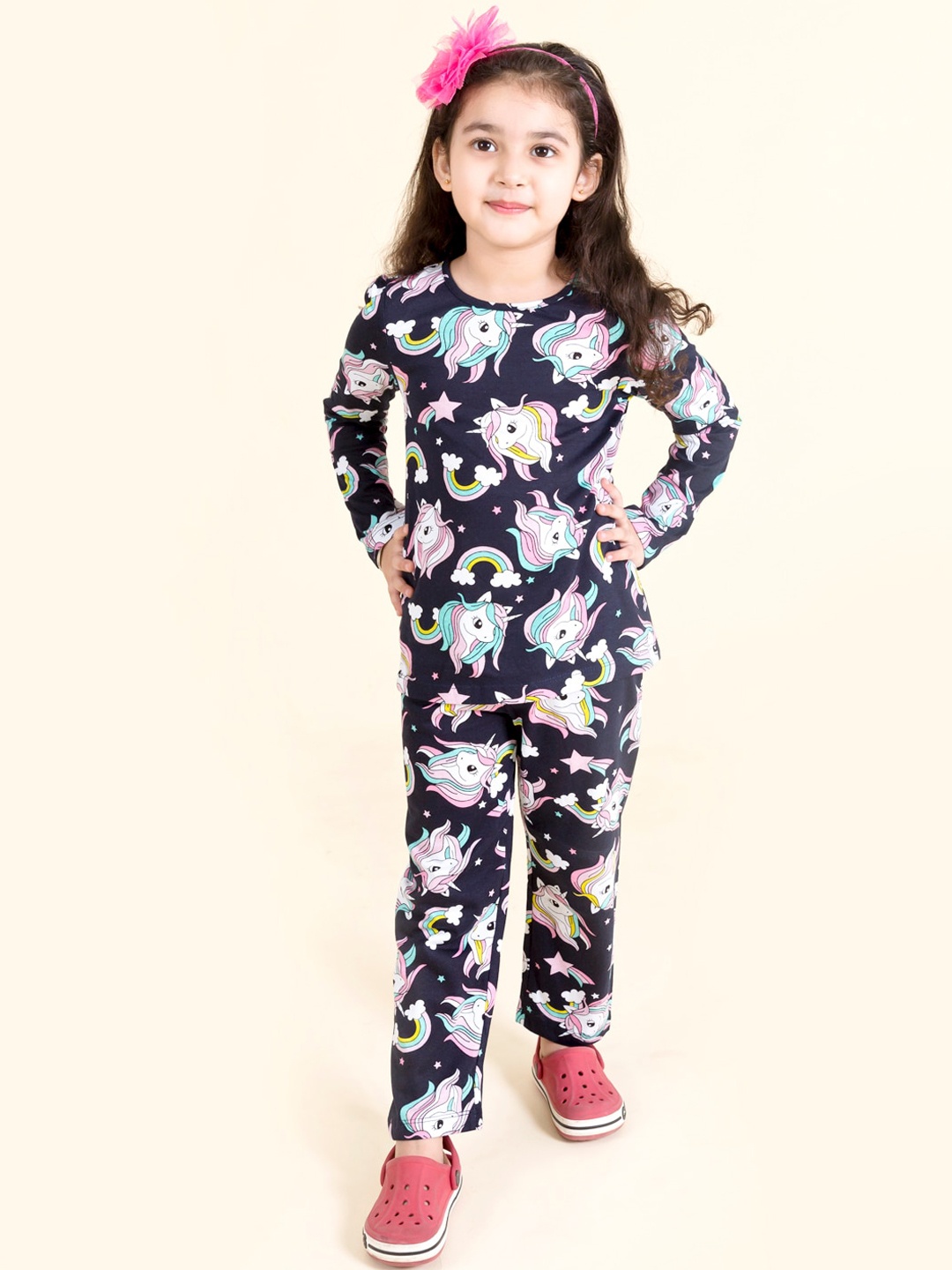 

pspeaches Girls Navy Blue & White Printed Night Suit NW-Unicorn Blue-2