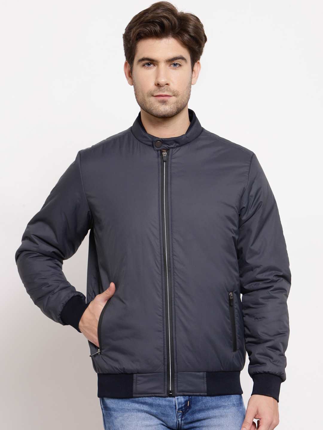 

Style Quotient Men Navy Blue Solid Lightweight Bomber Jacket