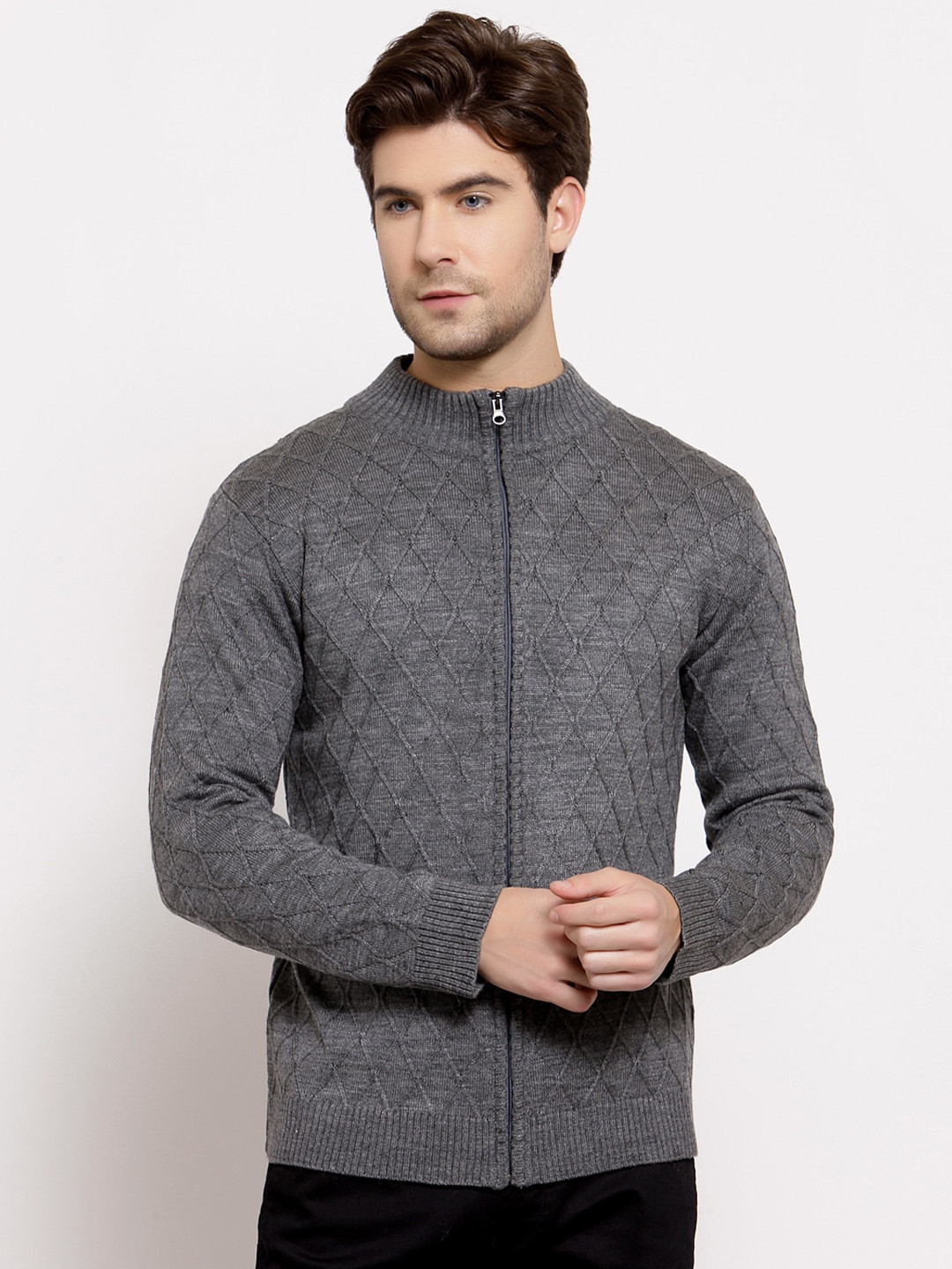 

Style Quotient Men Grey Self Designed Acrylic Cardigan Sweater