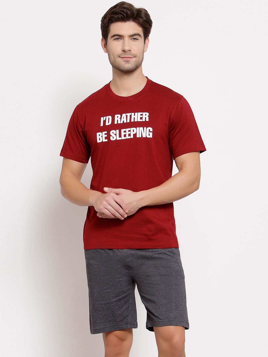 

Style Quotient Men Maroon & Grey Printed Pure Cotton Night suit