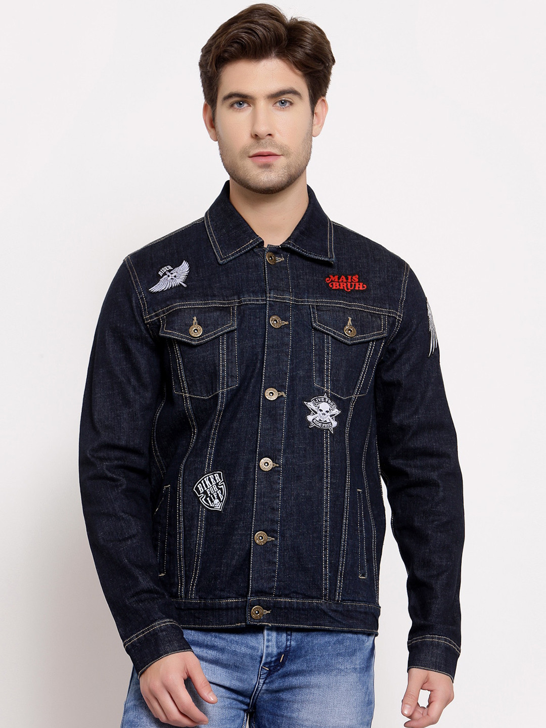 

Style Quotient Men Navy Blue Washed Denim Jacket