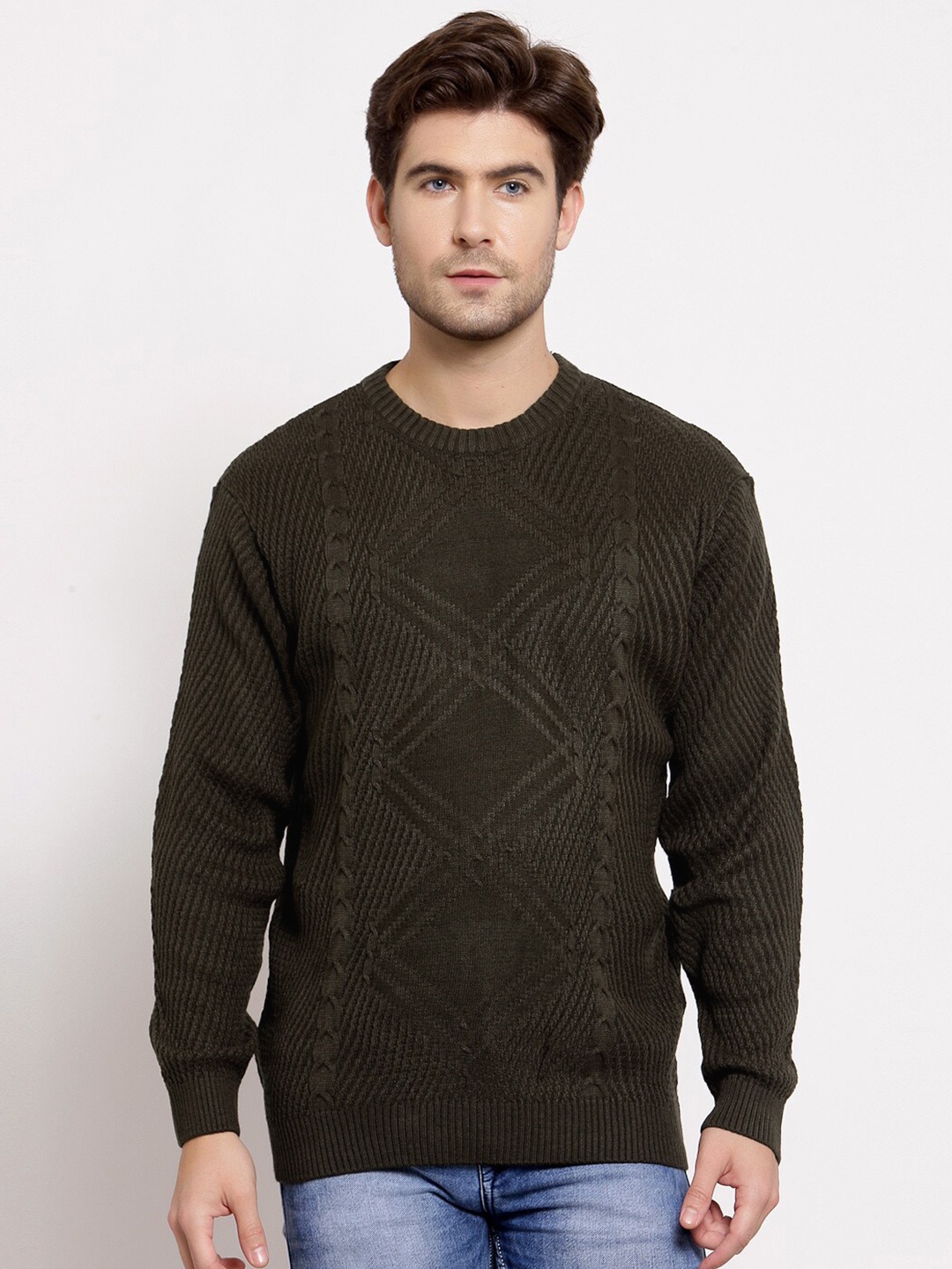 

Style Quotient Men Olive Green Cable Knit Pullover