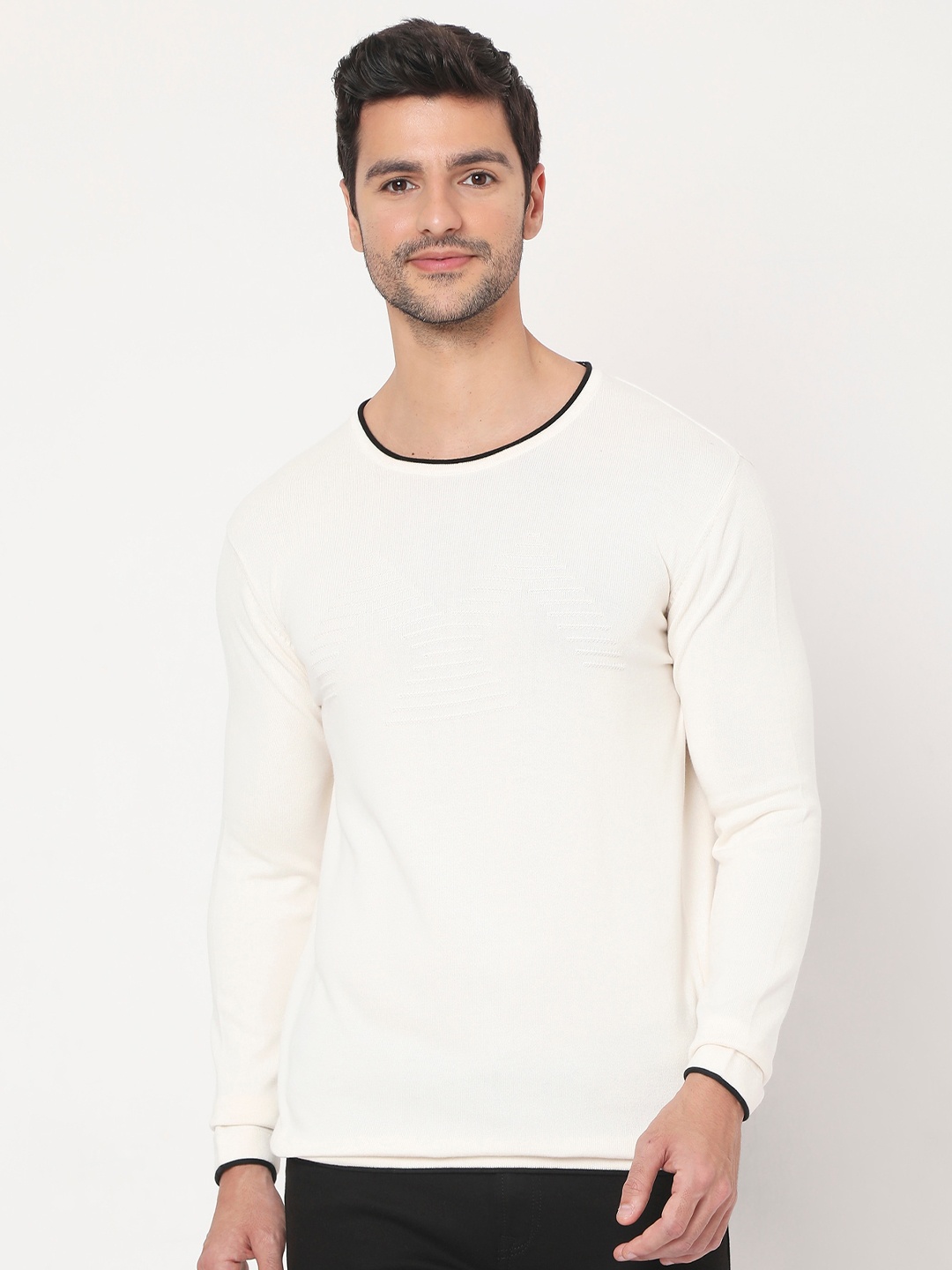 

Mufti Men White & Black Solid Pure Cotton Pullover Sweater