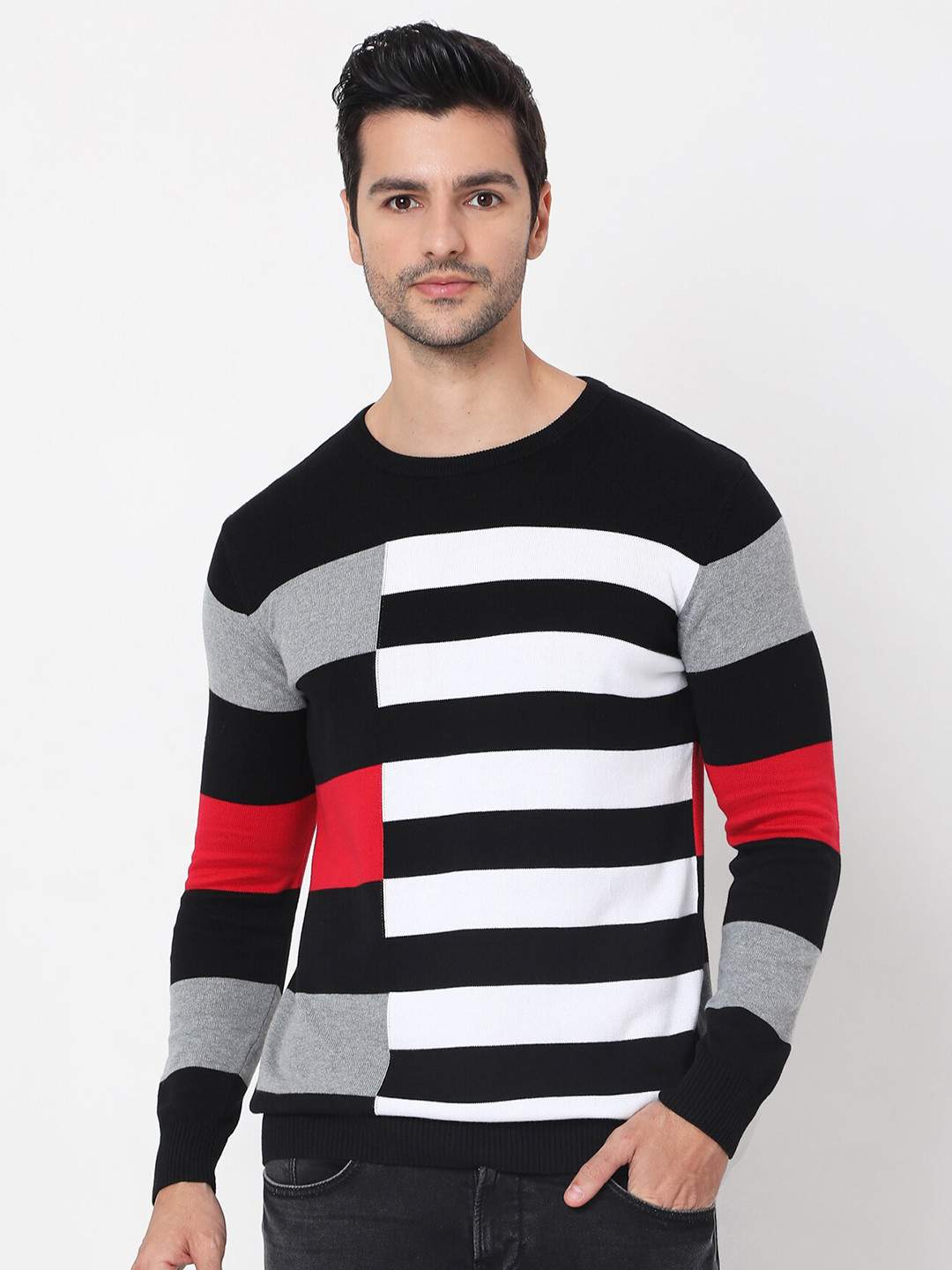 

Mufti Men Black & White Pure Cotton Striped Pullover
