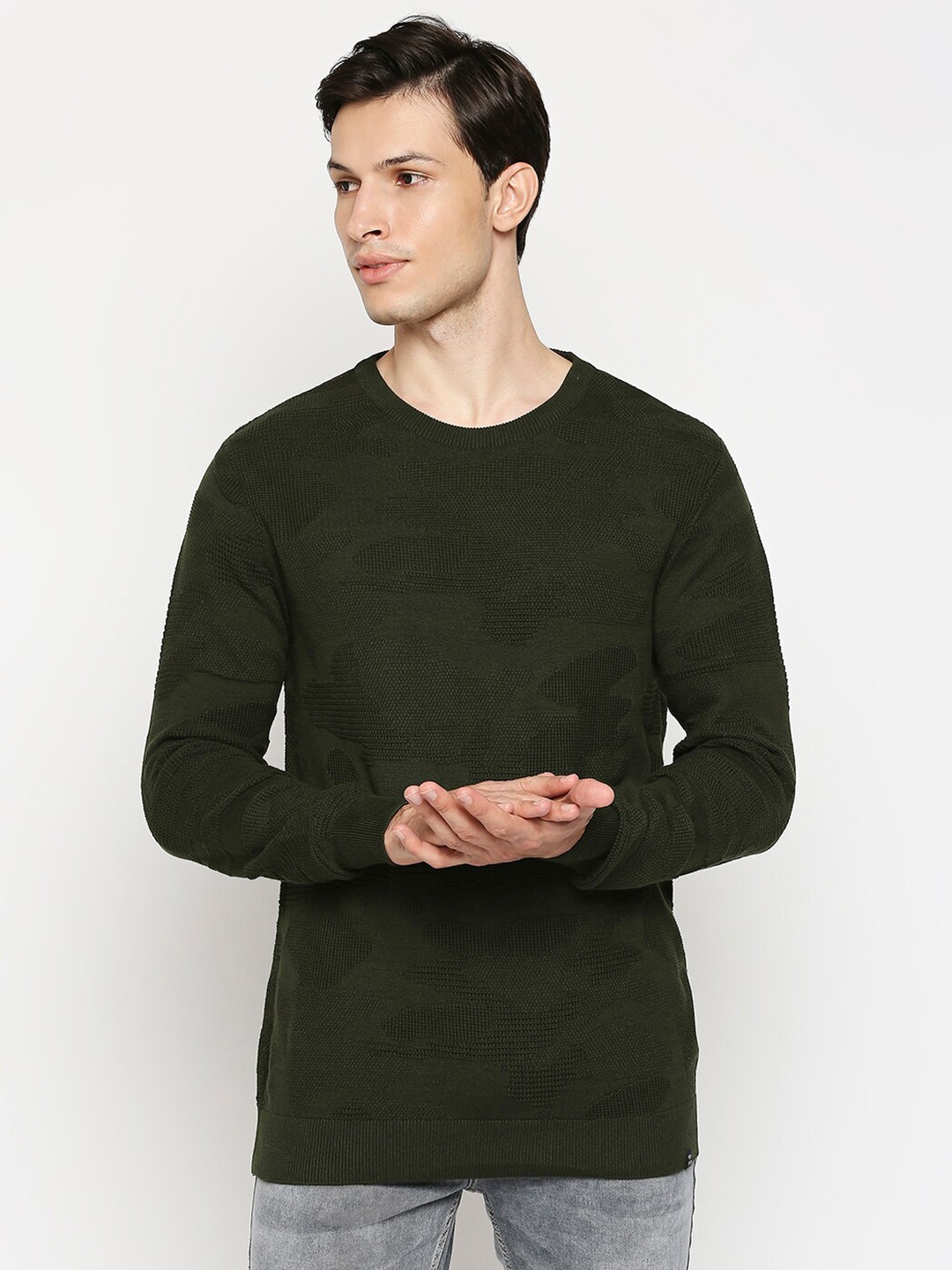 

Mufti Men Olive Green Self Design Pure Cotton Pullover