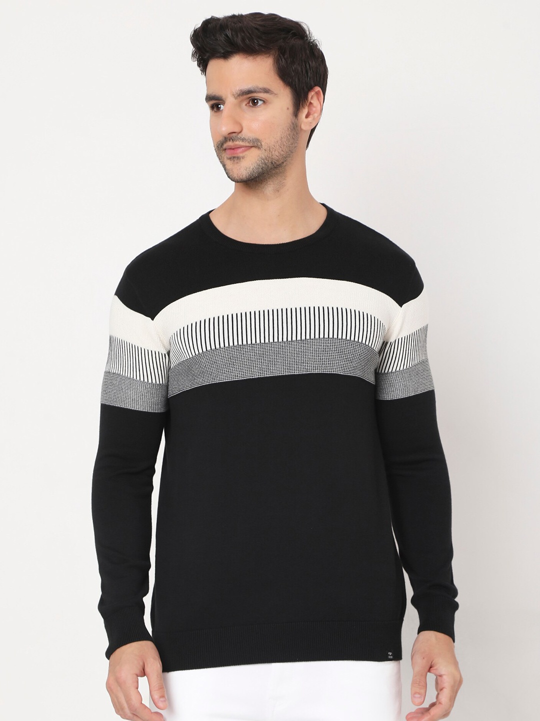 

Mufti Men Black Striped Pullover Pure Cotton Sweater
