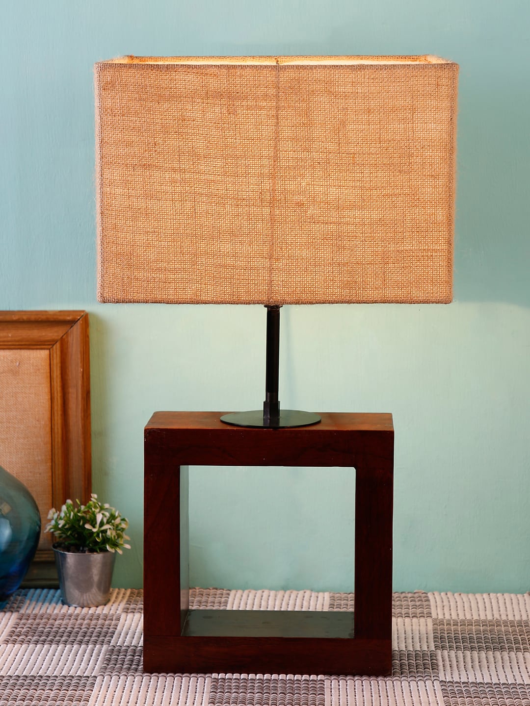 

Devansh Beige & Brown Square Jute Shade Wooden Table lamp