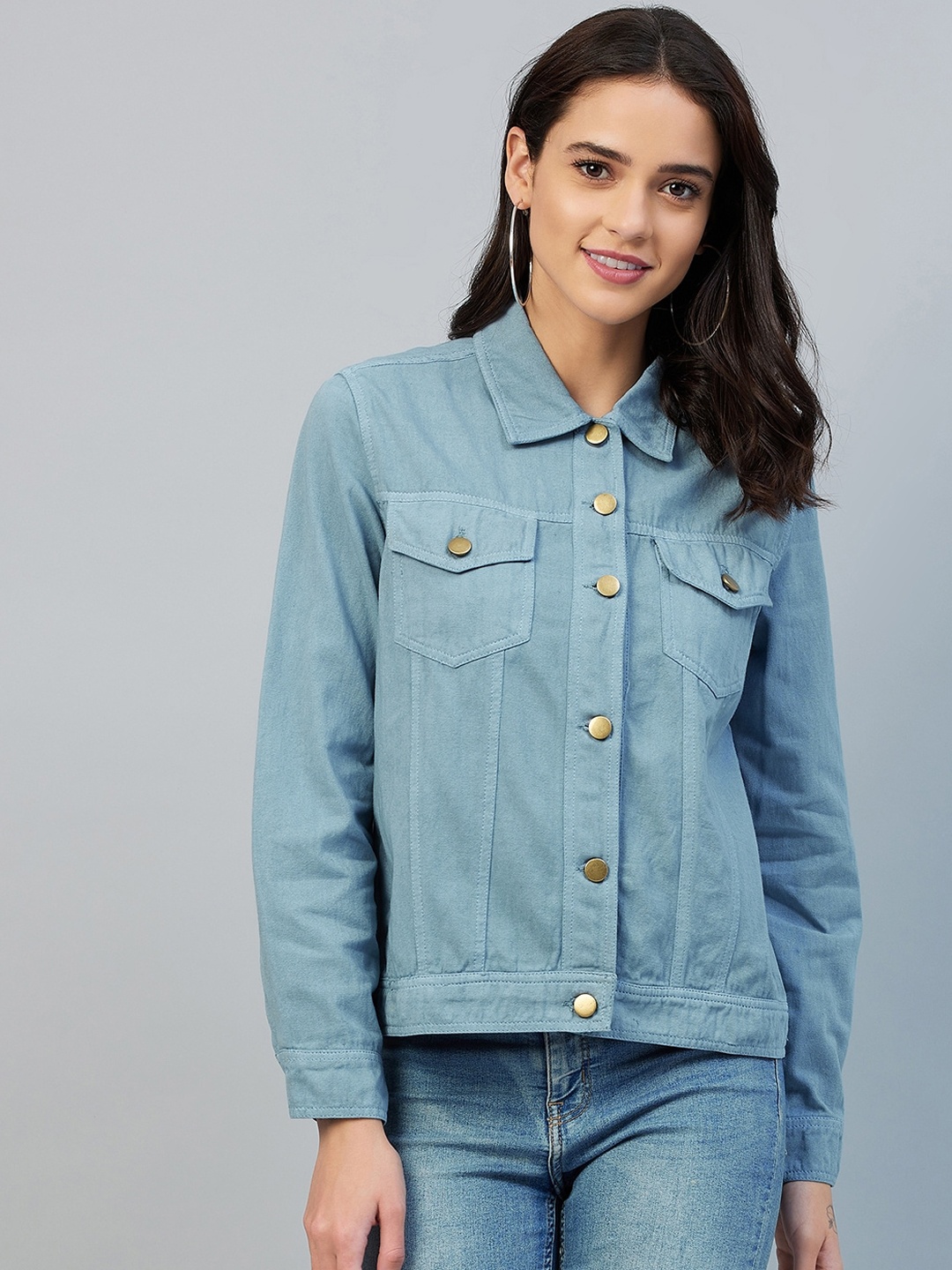 

StyleStone Women Blue Washed Cotton Denim Jacket