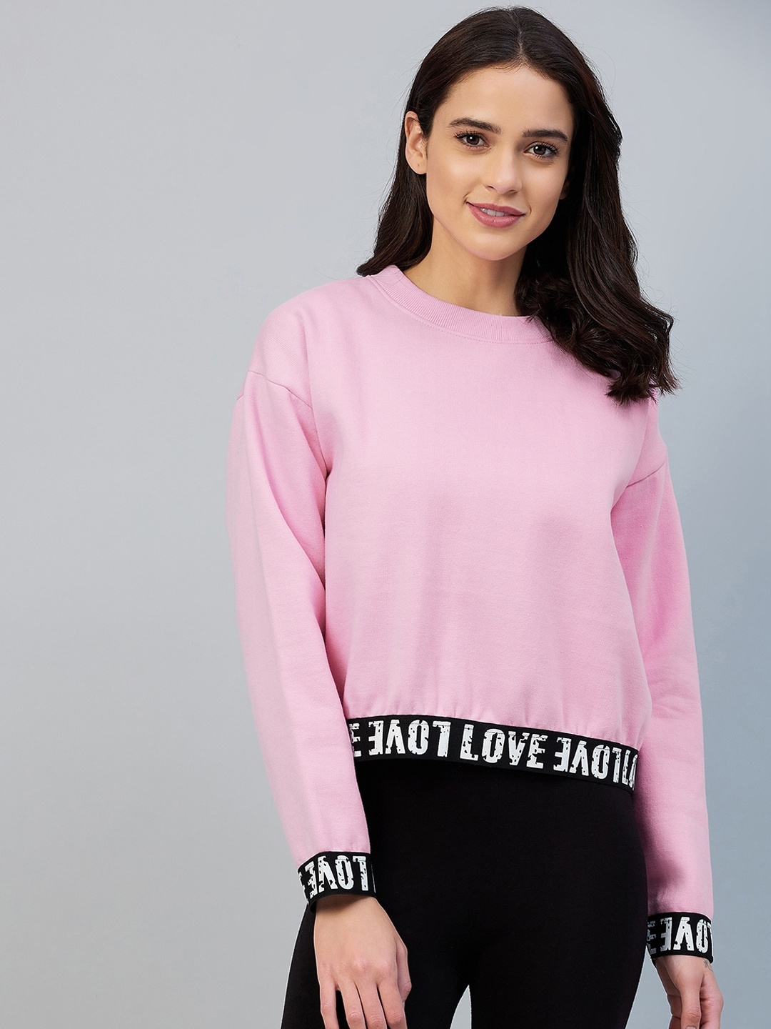 

StyleStone Women Pink Printed Love Taped Fleece Crop Sweatshirt