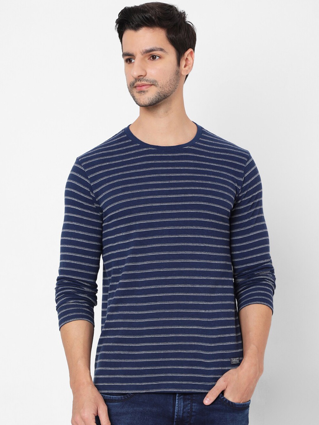 

Mufti Men Navy Blue Striped Pockets Slim Fit T-shirt