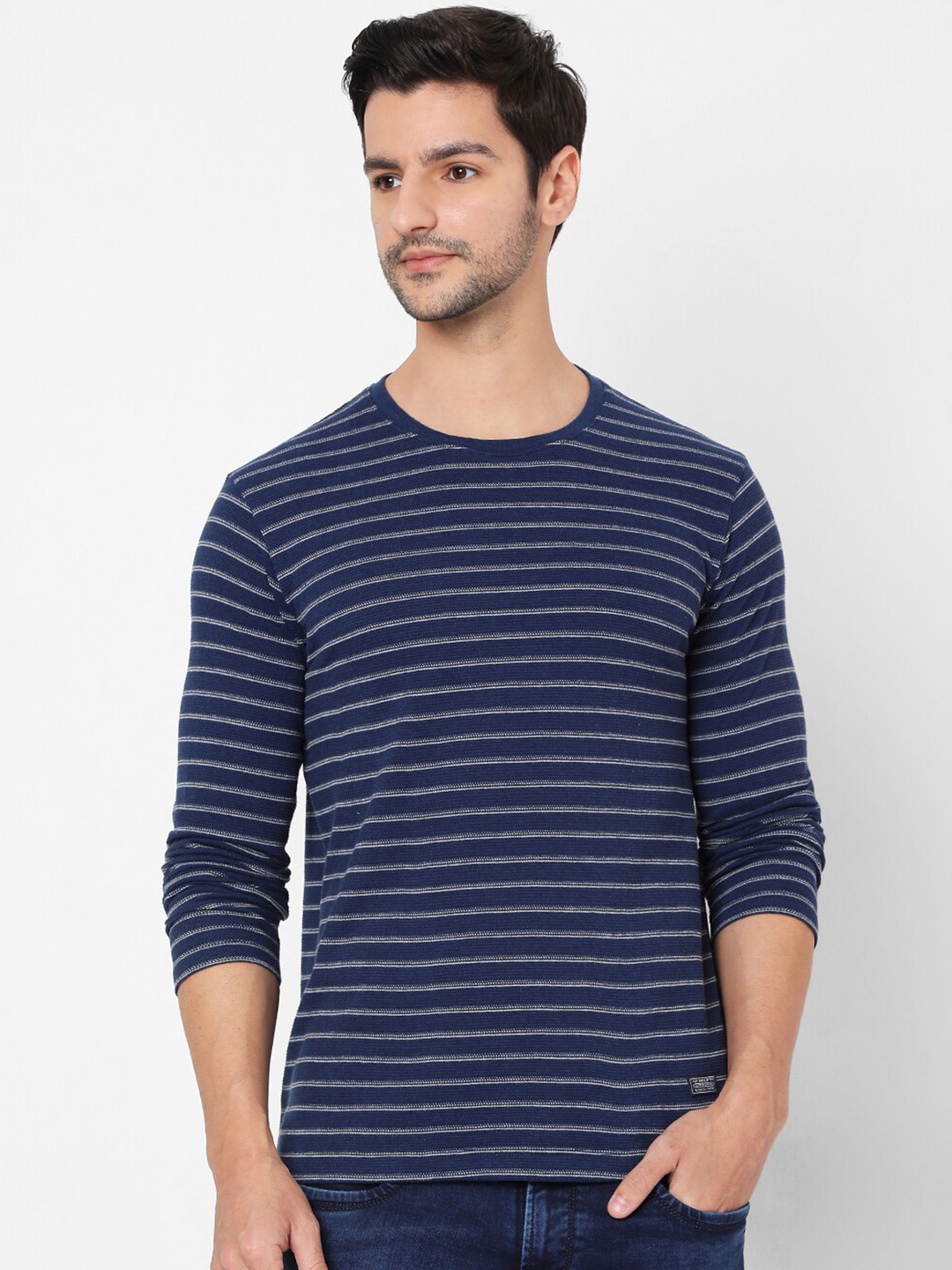 

Mufti Men Navy Blue Striped Slim Fit T-shirt