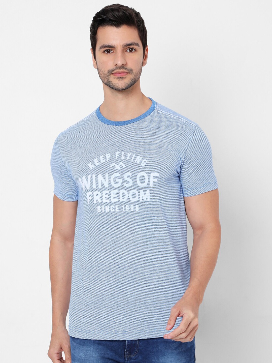 

Mufti Men Blue & White Typography Printed Pure Cotton Slim Fit T-shirt