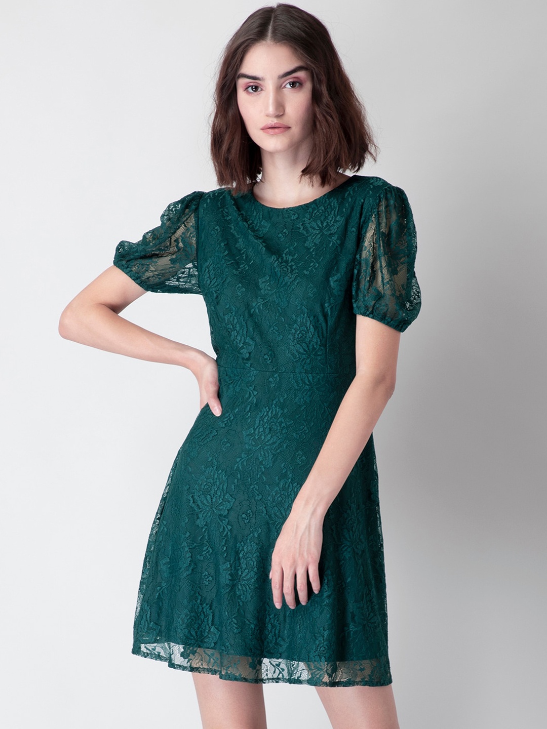 

FabAlley Green Puff Sleeve Lace Dress