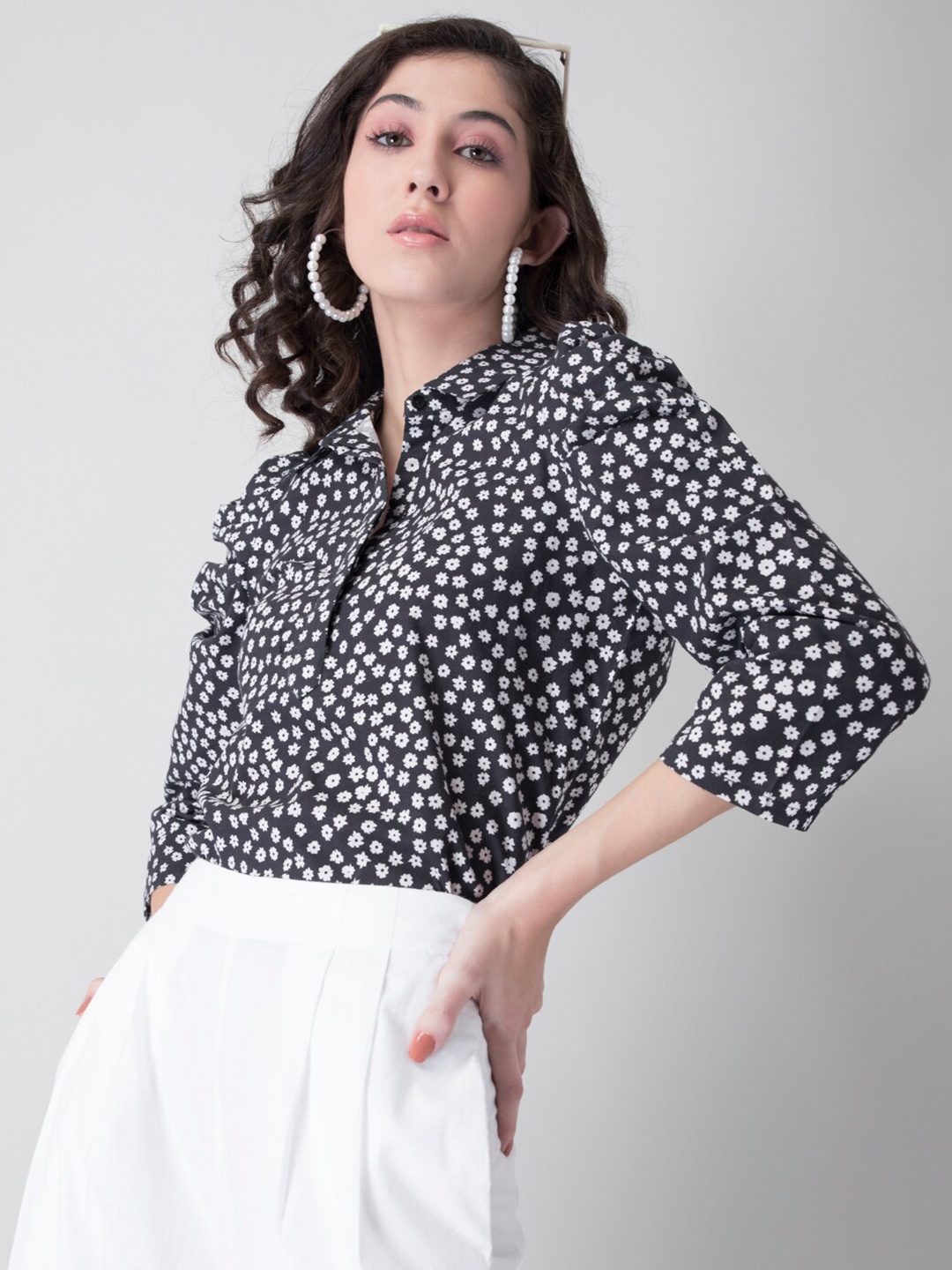 

FabAlley Black & White Floral Shirt Style Top