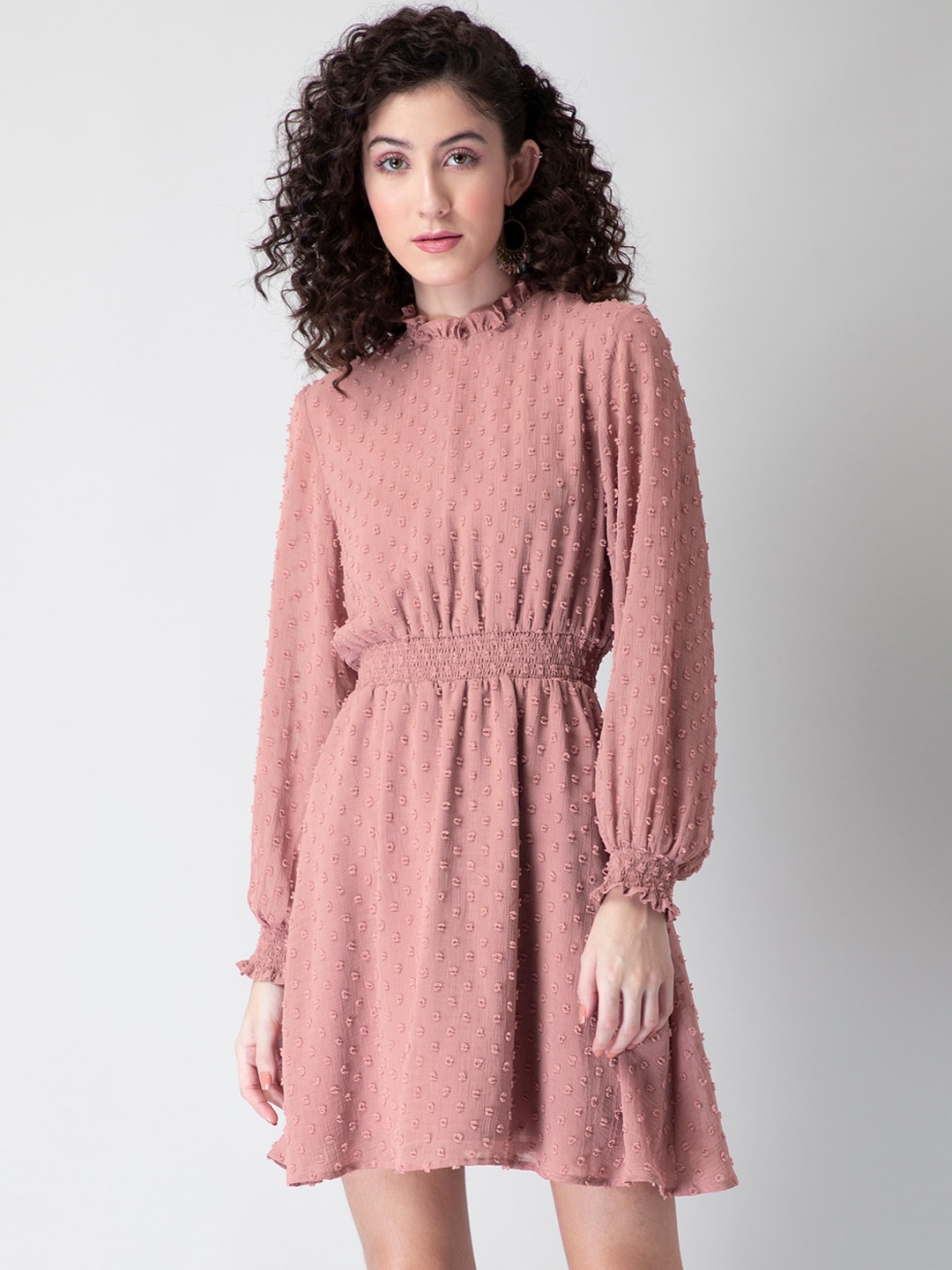 

FabAlley Pink Self Design Smocked Fit & Flare Georgette Dress