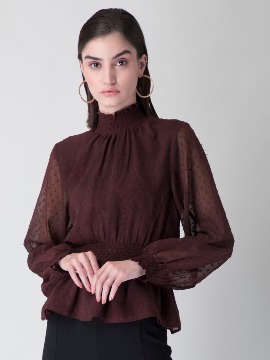 

FabAlley Maroon Smocked Cinched Waist Top