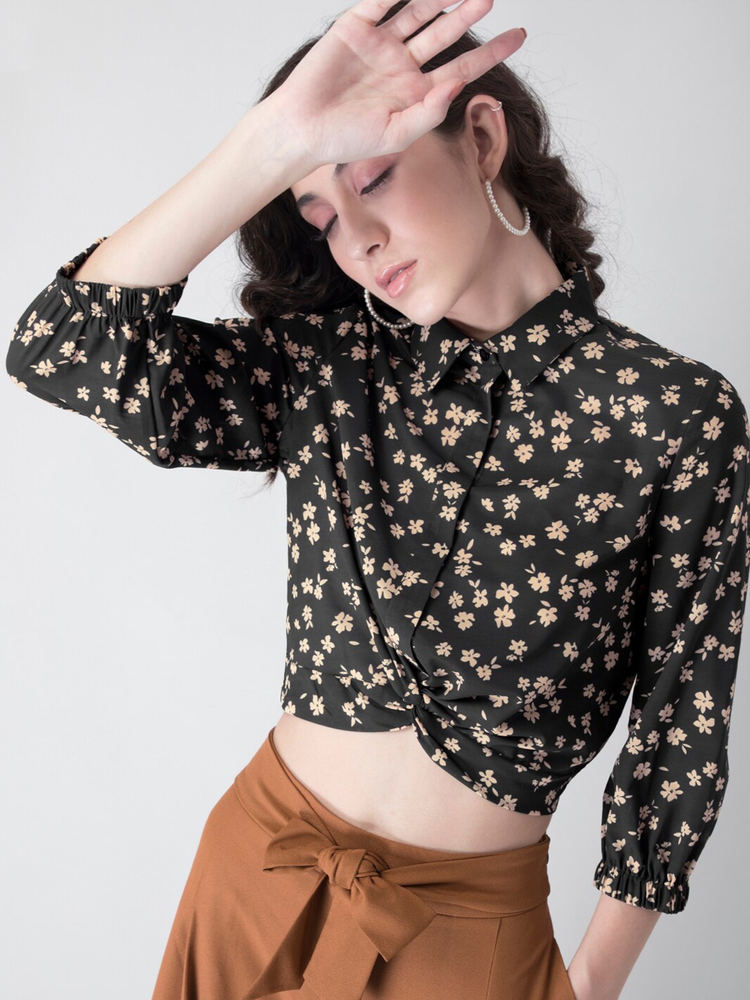 

FabAlley Black & Beige Floral Twisted Shirt Style Crop Top