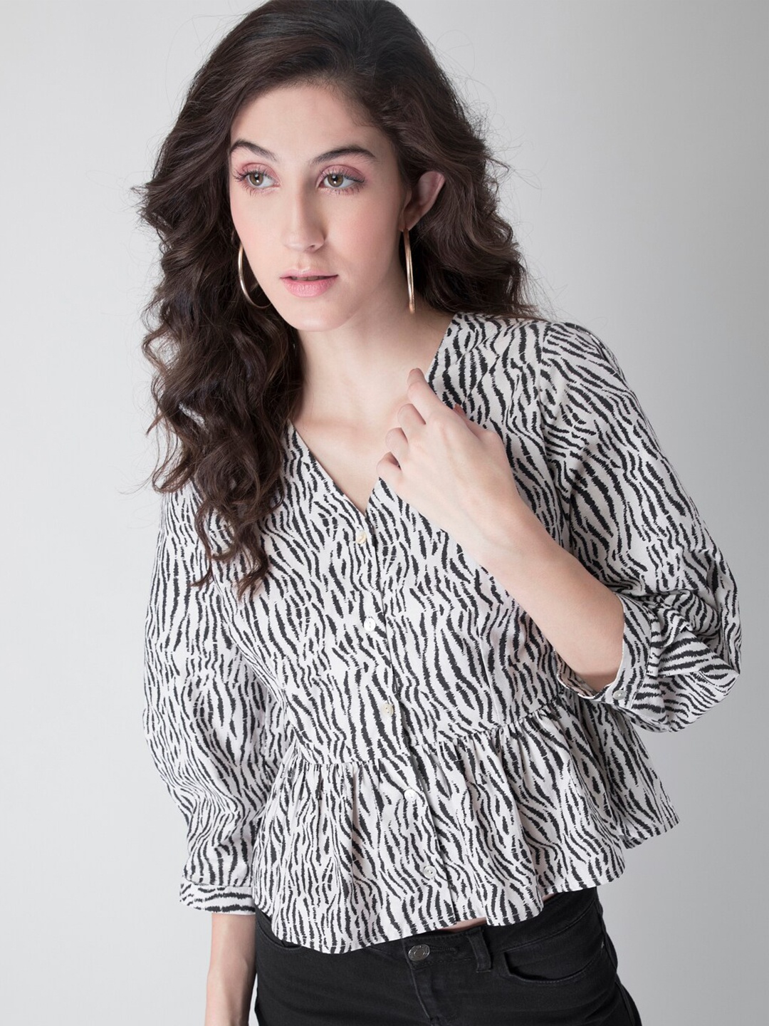 

FabAlley White & Black Printed Peplum Top