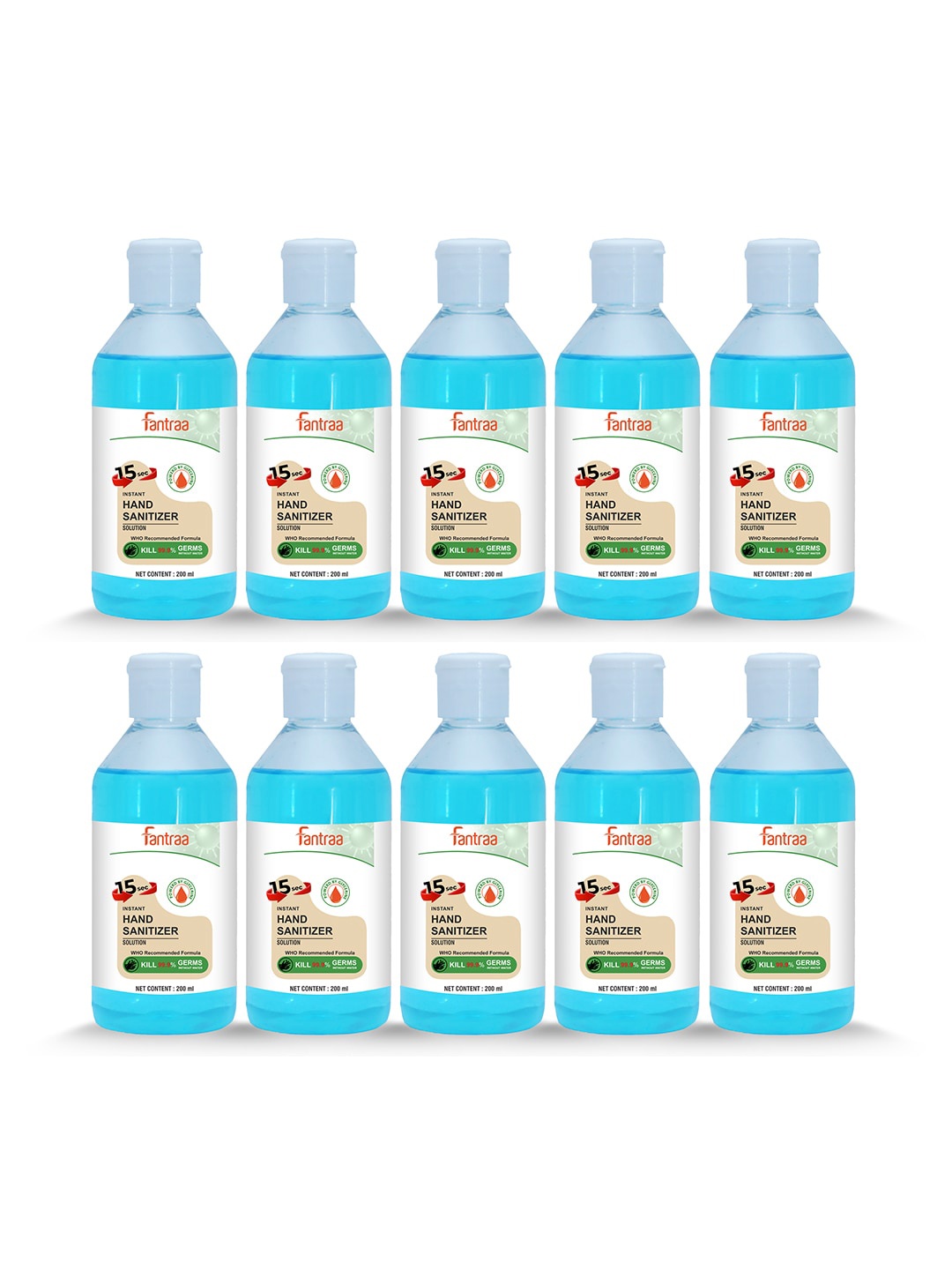 

Fantraa Blue Pack Of 10 Alcohol Liquid Based Instant Hand Sanitizer Solutions - 200 ml