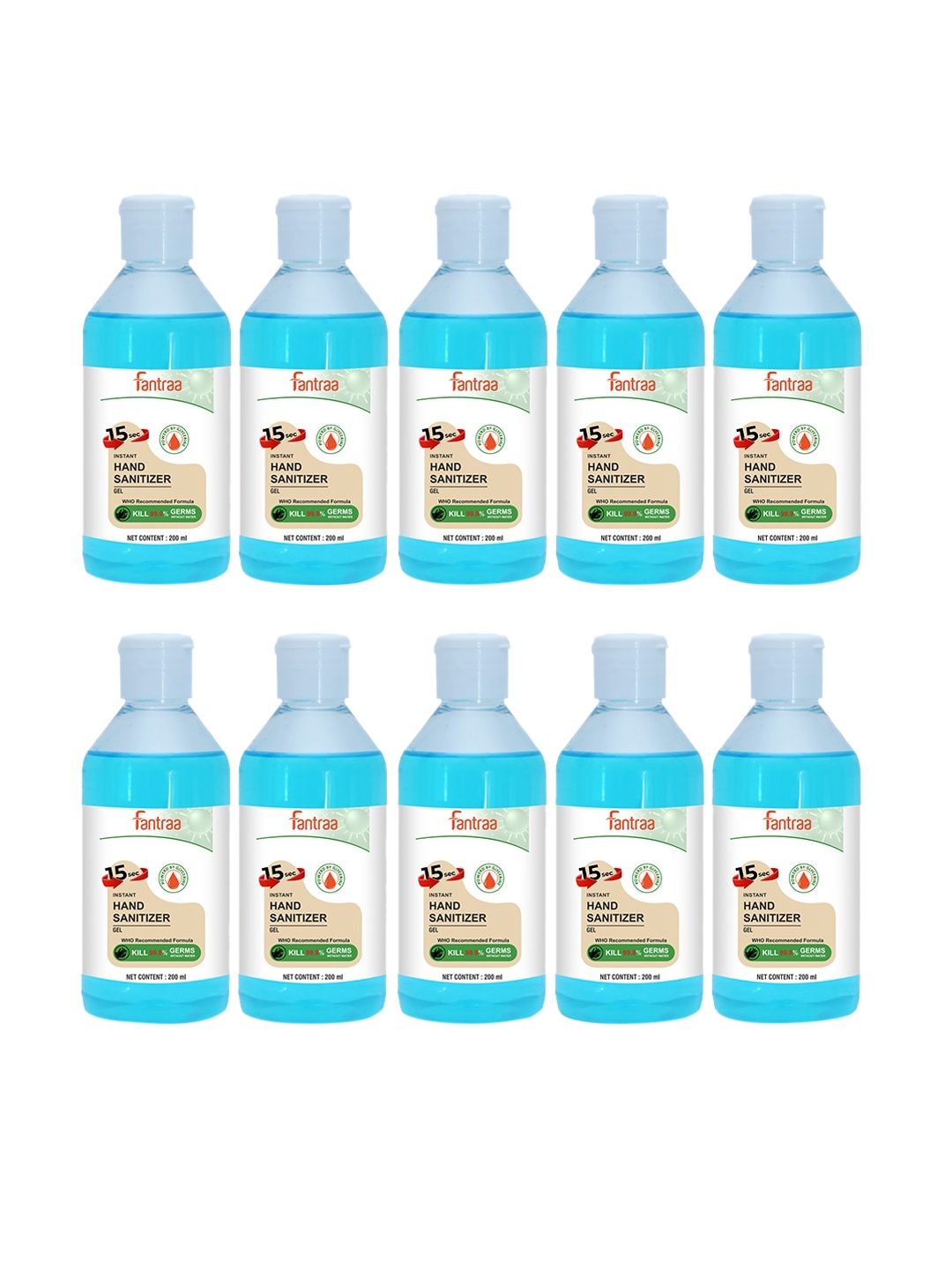 

Fantraa Set of 10 Alcohol Gel Based Hand Sanitizer - 200 ml each, Blue