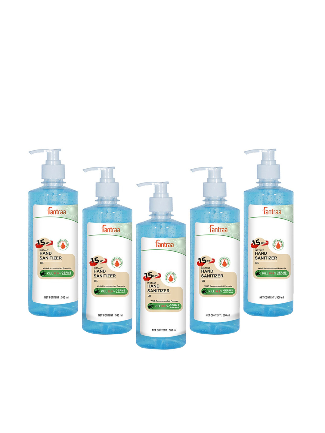 

Fantraa Pack of 5 Alcohol Gel Based Hand Sanitizer 500ml Each, Blue