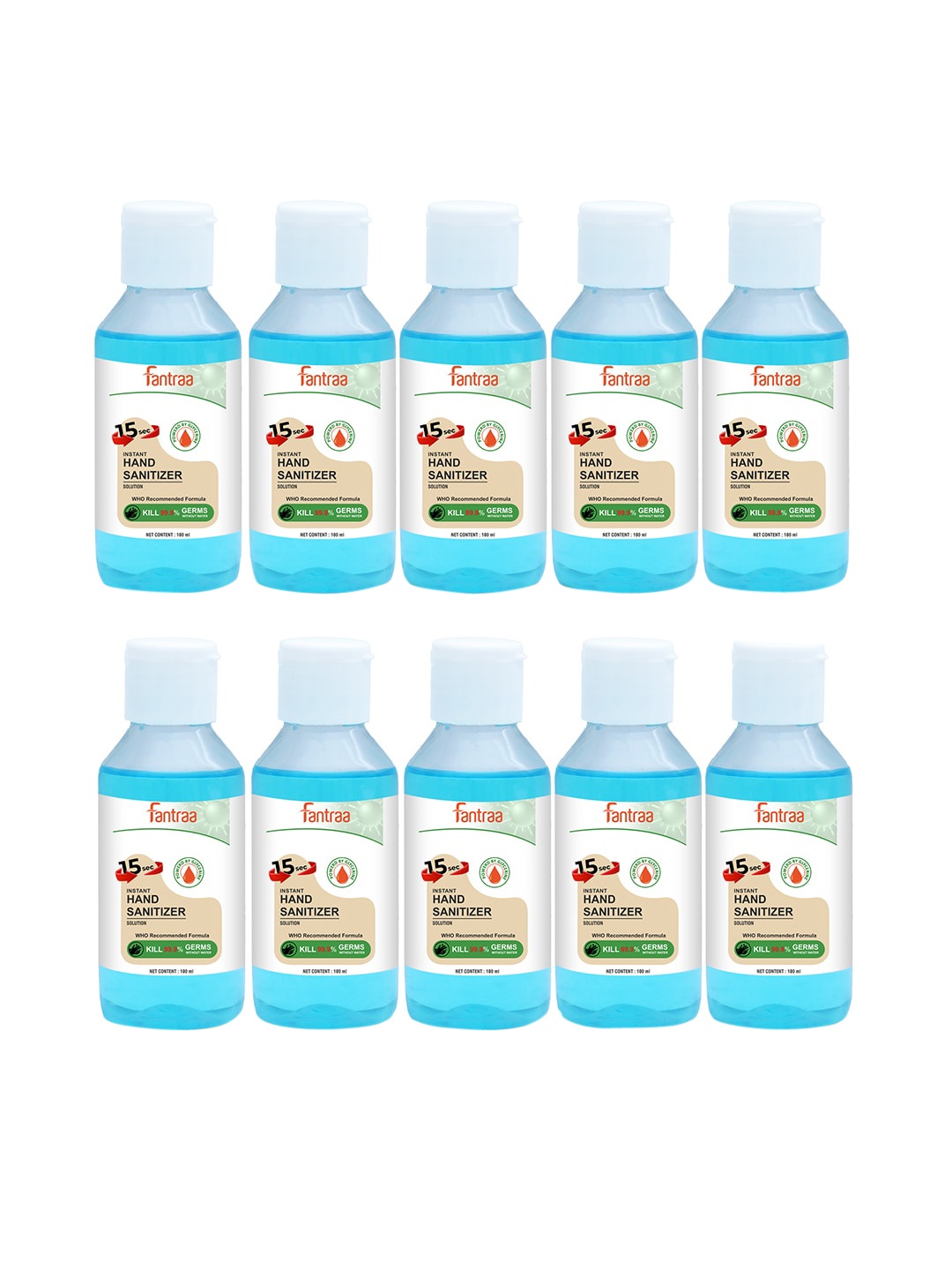 

Fantraa Pack of 10 Blue Alcohol Liquid Based Hand Sanitizer 100 Ml