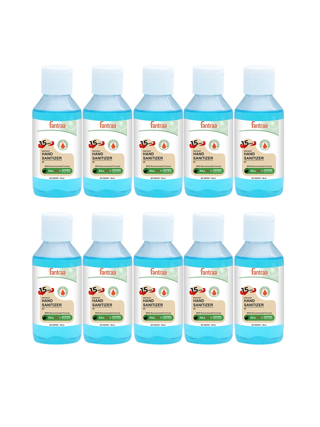 

Fantraa Pack of 10 Alcohol Gel Based Hand Sanitizer - 100ml Each, Blue