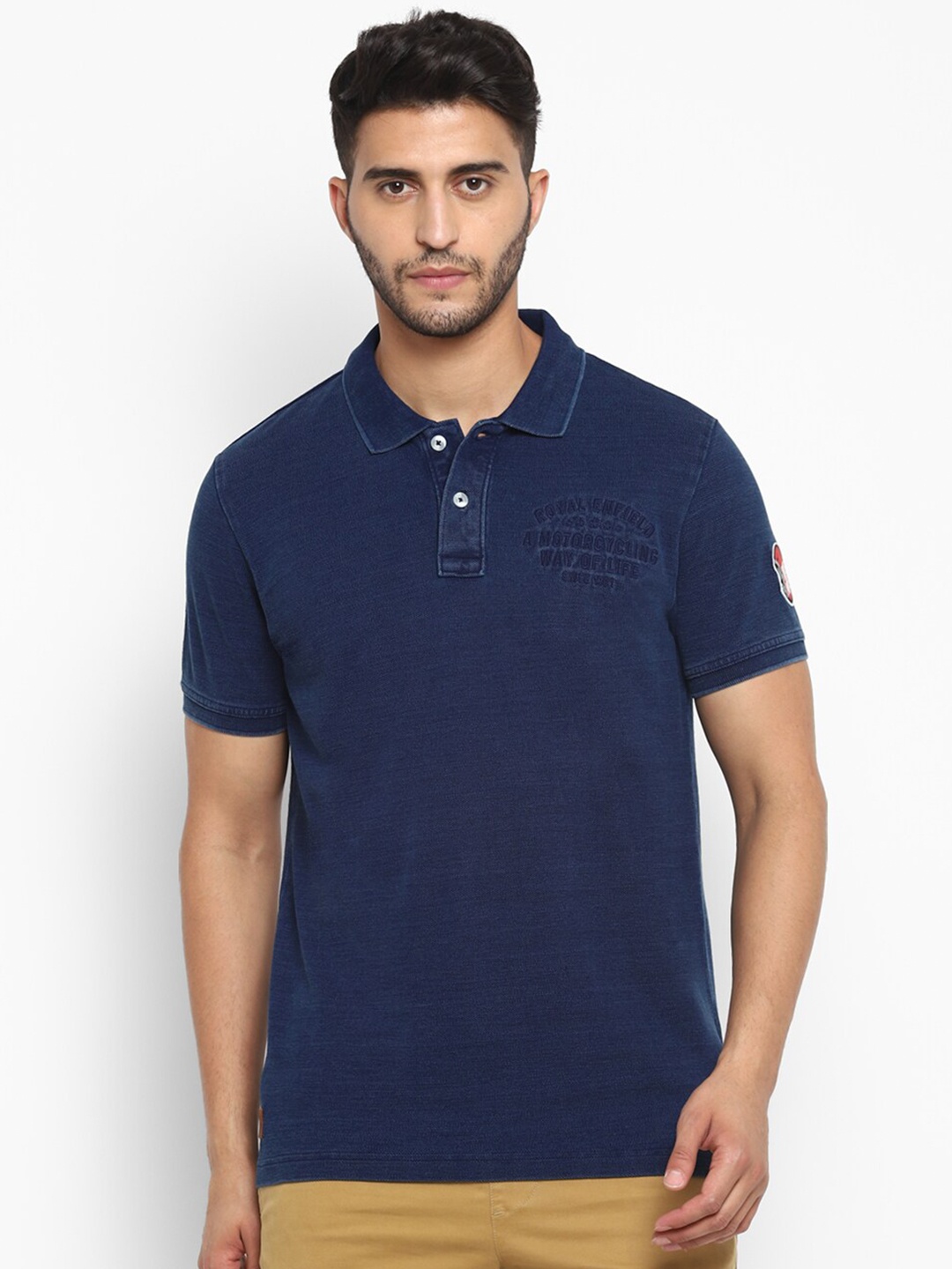 

Royal Enfield Men Navy Blue Polo Collar Applique T-shirt
