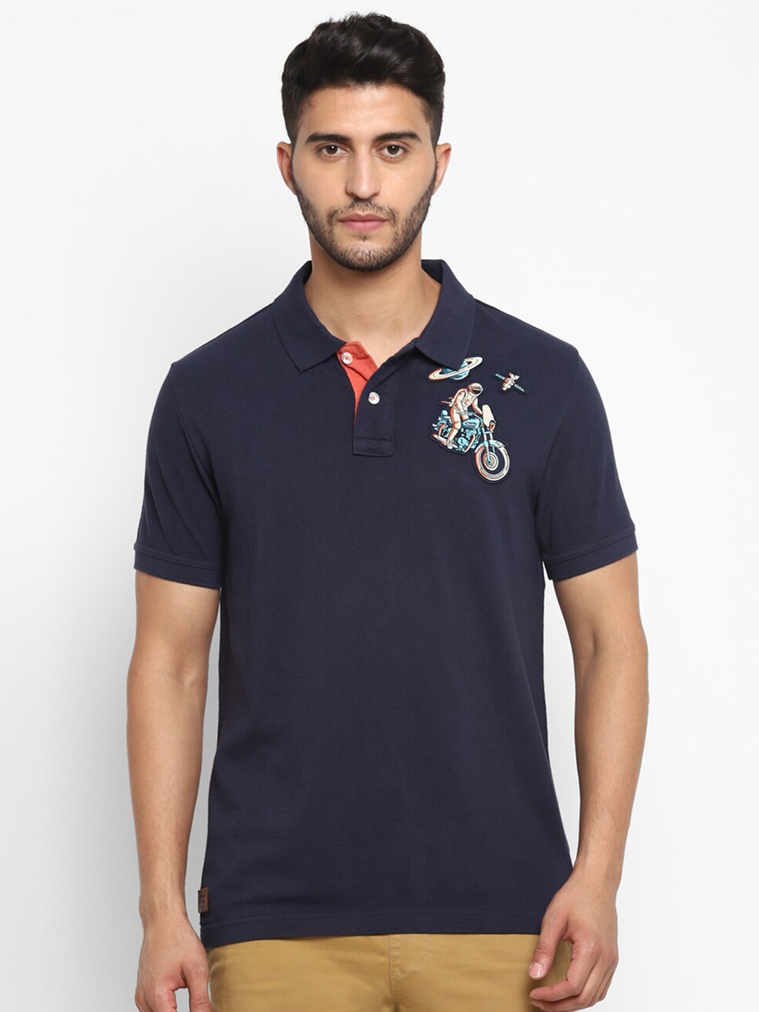 

Royal Enfield Men Navy Blue Polo Collar Applique Cotton T-shirt