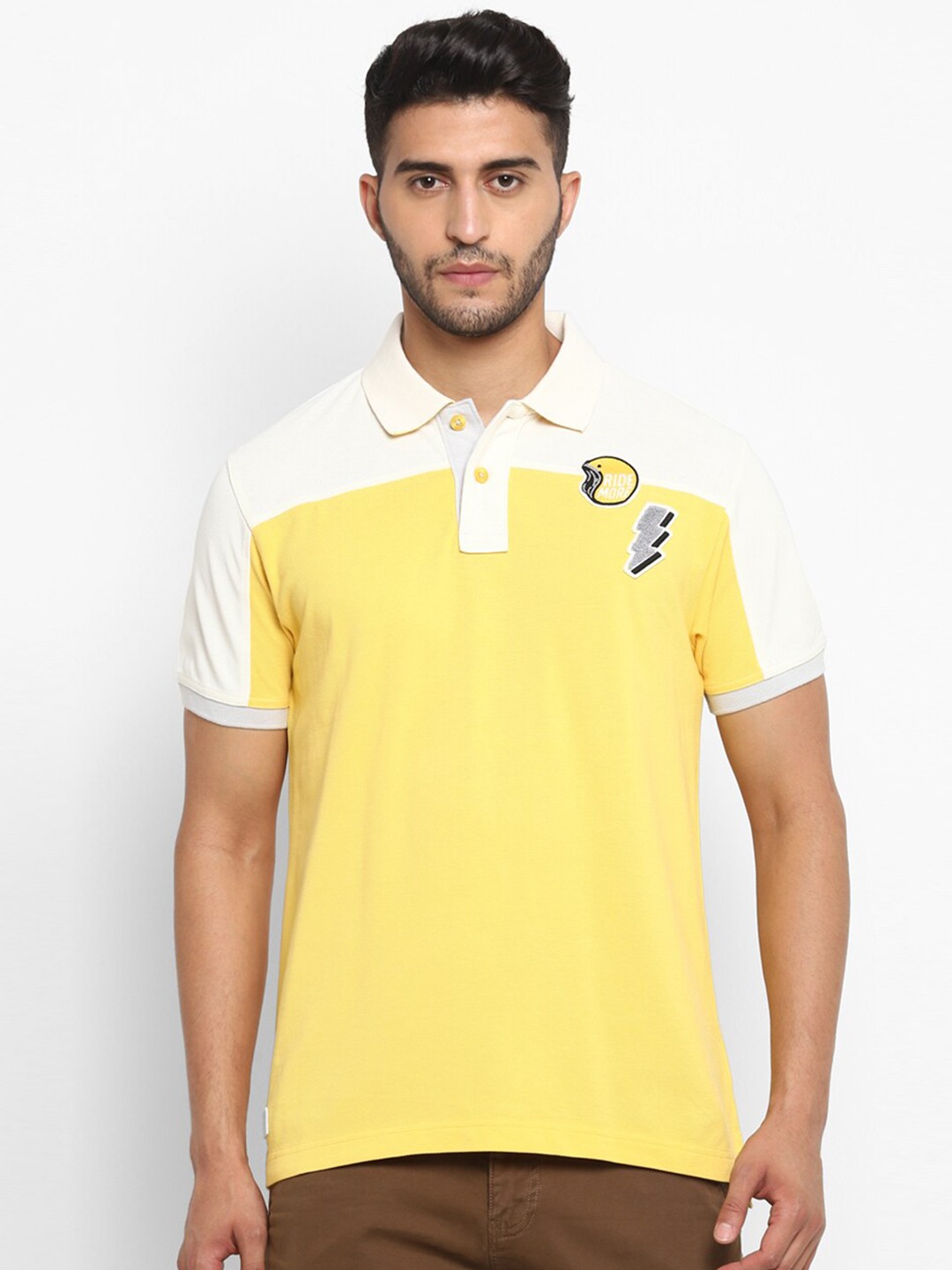 

Royal Enfield Men Off White & Yellow Colourblocked Polo Collar T-shirt